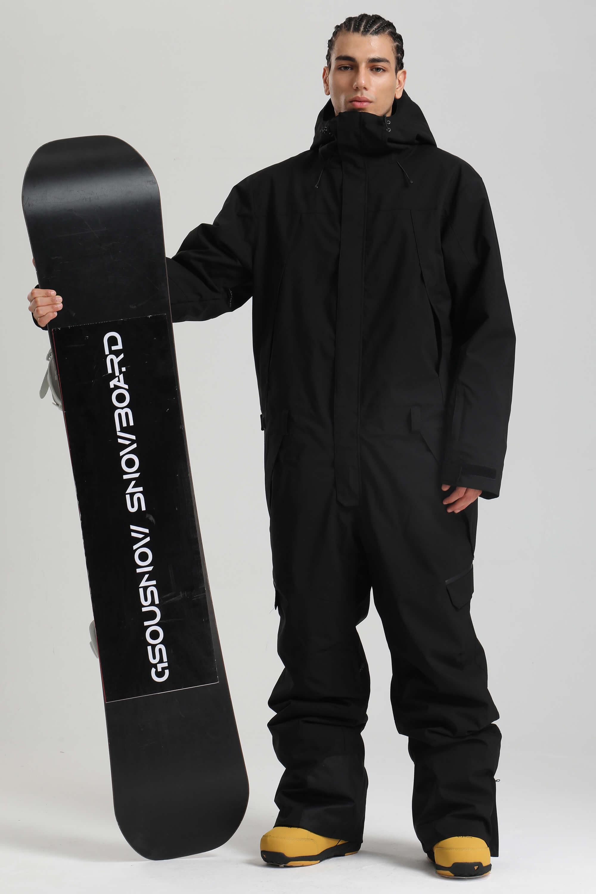 Men's Black Insulated Color-block Utility Baggy One-Piece Ski Suit