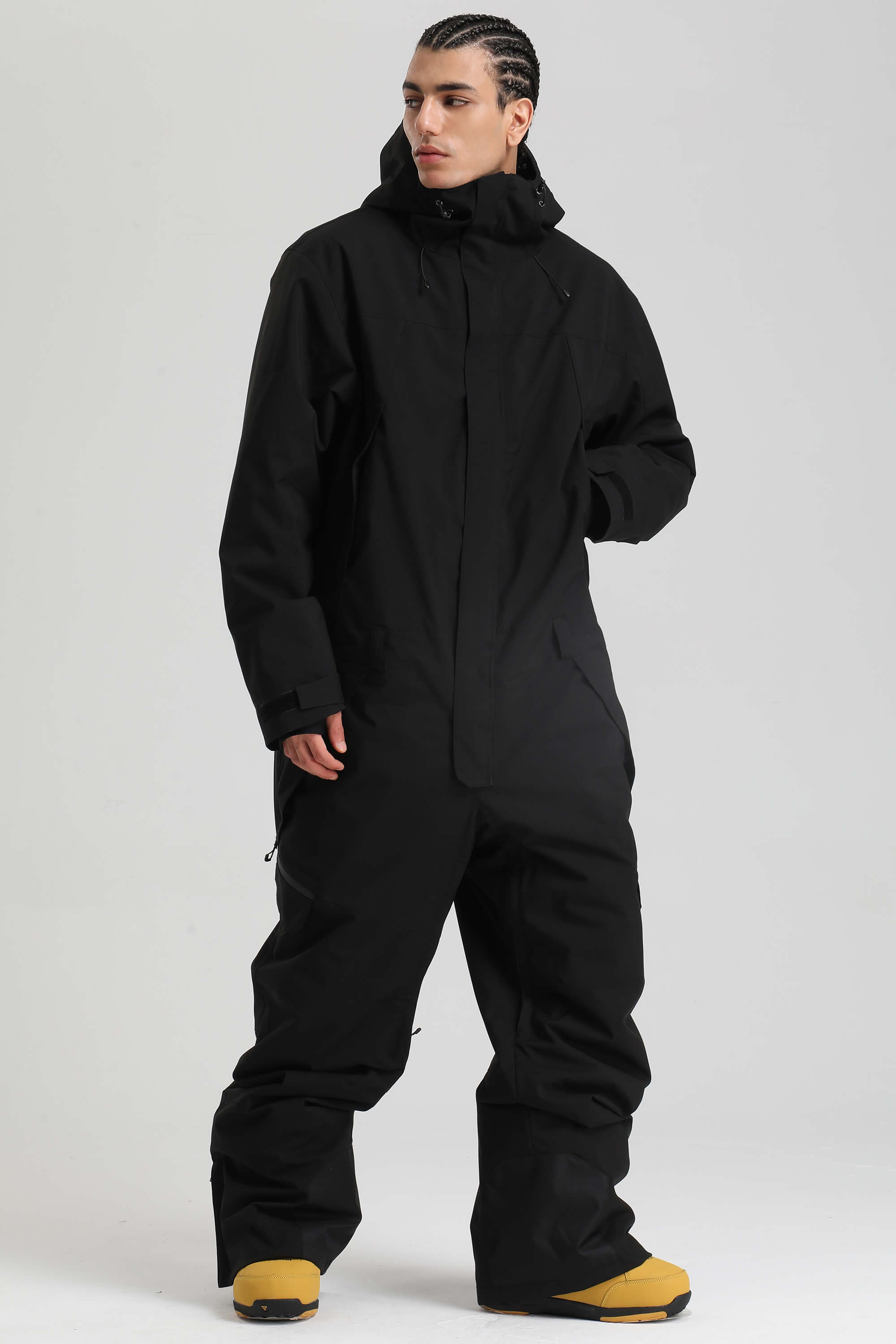 Men's Black Insulated Color-block Utility Baggy One-Piece Ski Suit