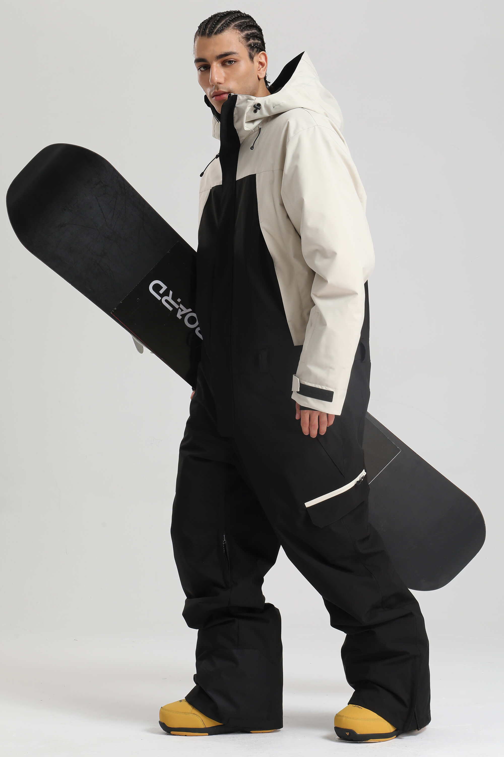 Men's White & Black Insulated Color-block Utility Baggy One-Piece Ski Suit