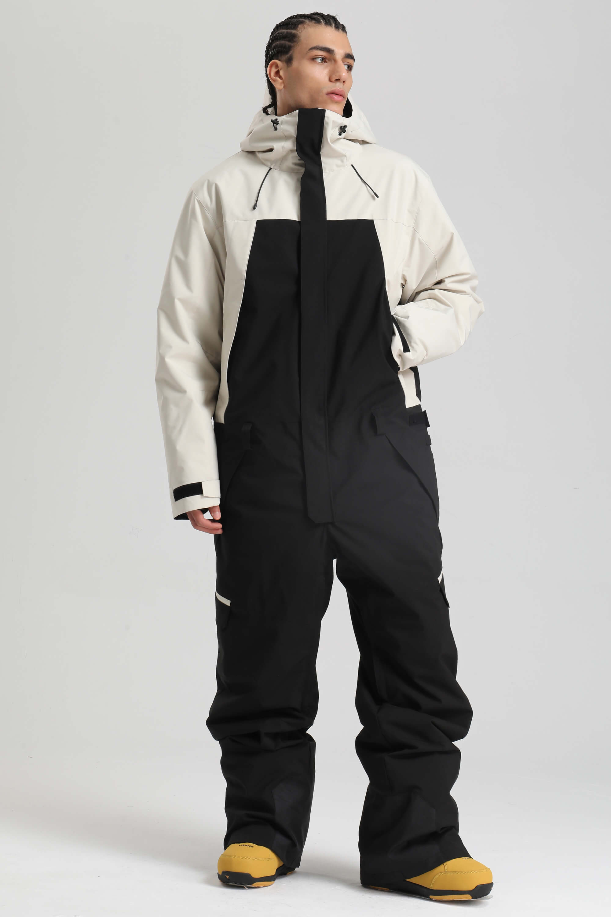 Men's White & Black Insulated Color-block Utility Baggy One-Piece Ski Suit