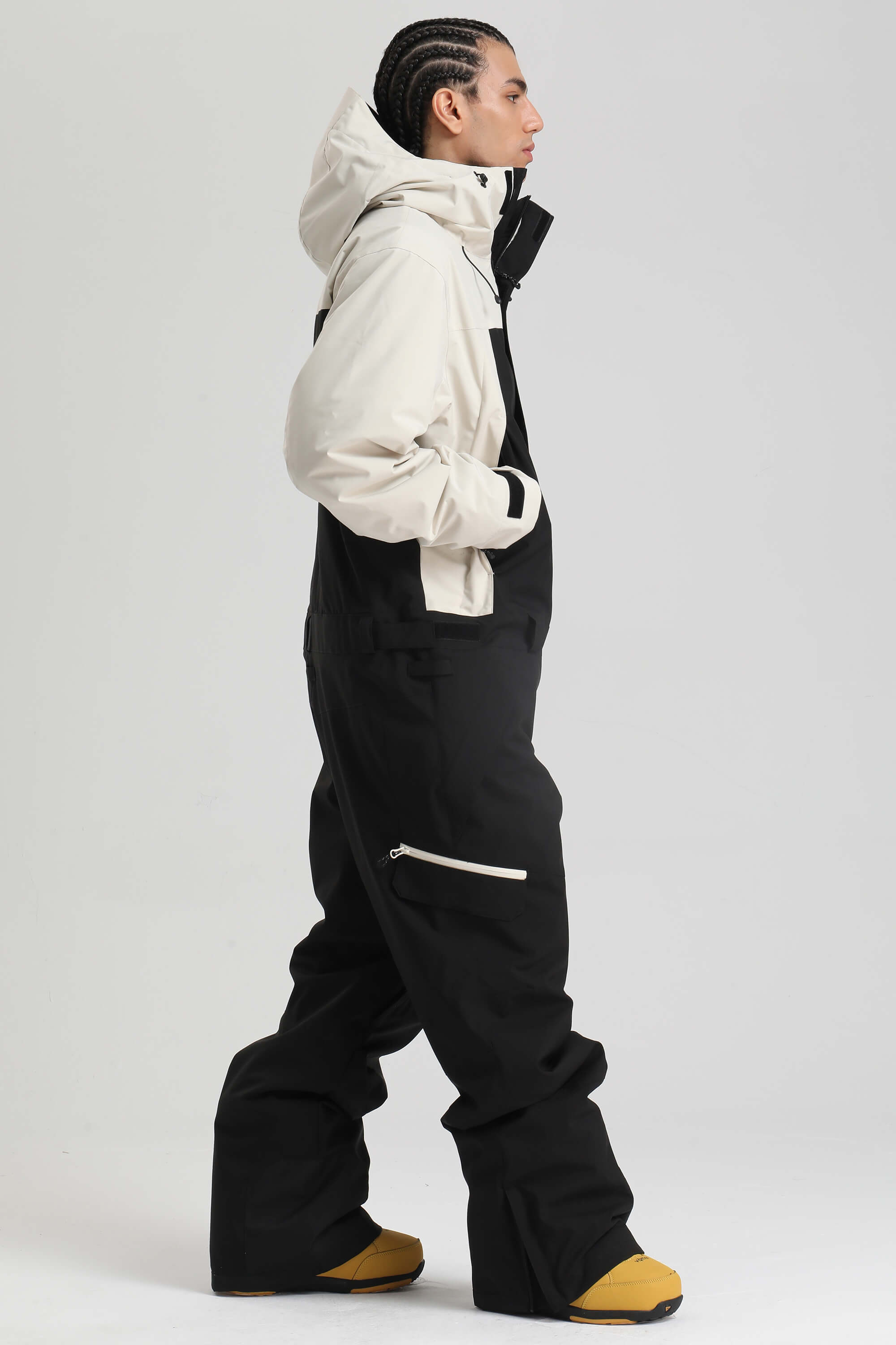 Men's Black Insulated Color-block Utility Baggy One-Piece Ski Suit