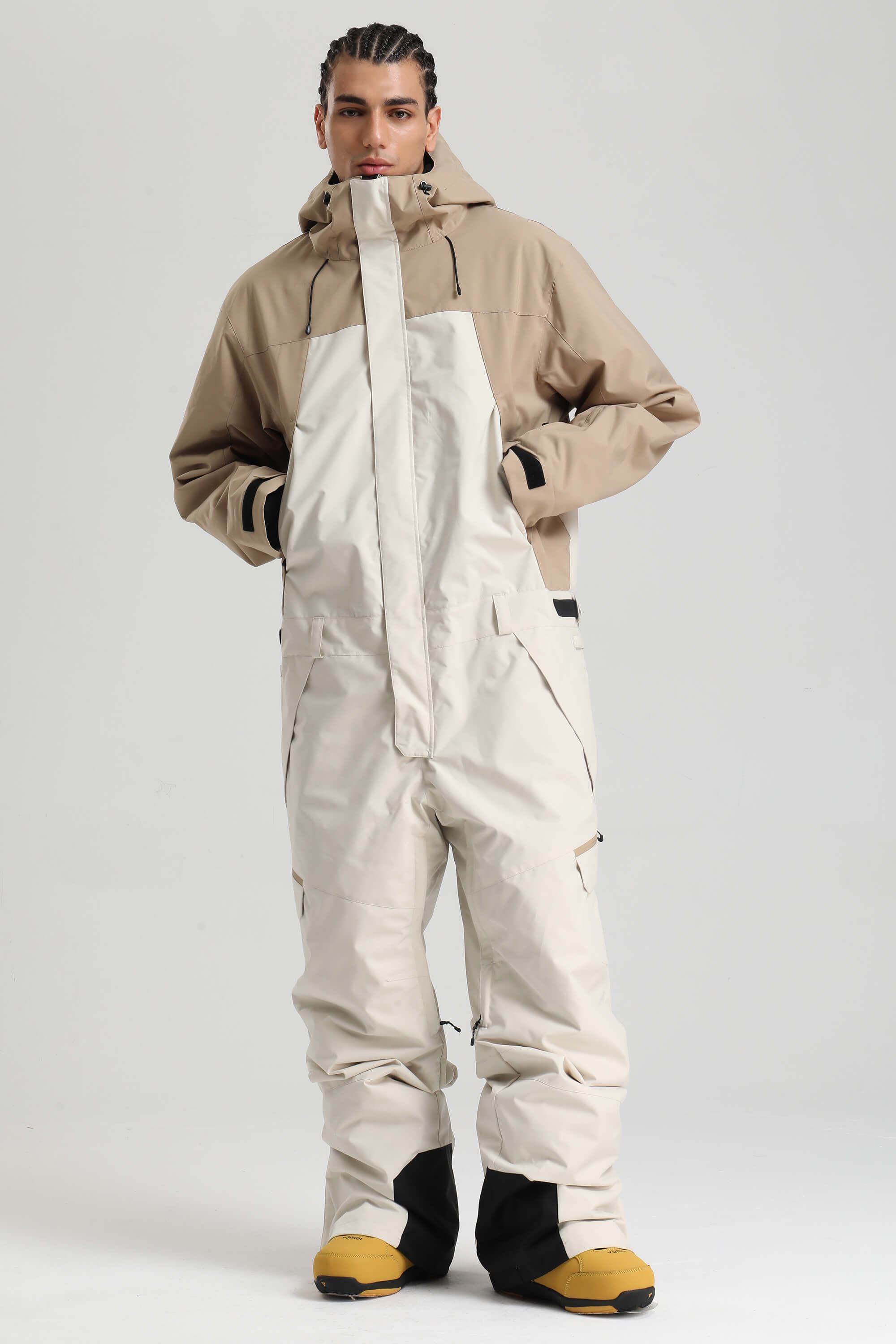 Men's Black Insulated Color-block Utility Baggy One-Piece Ski Suit