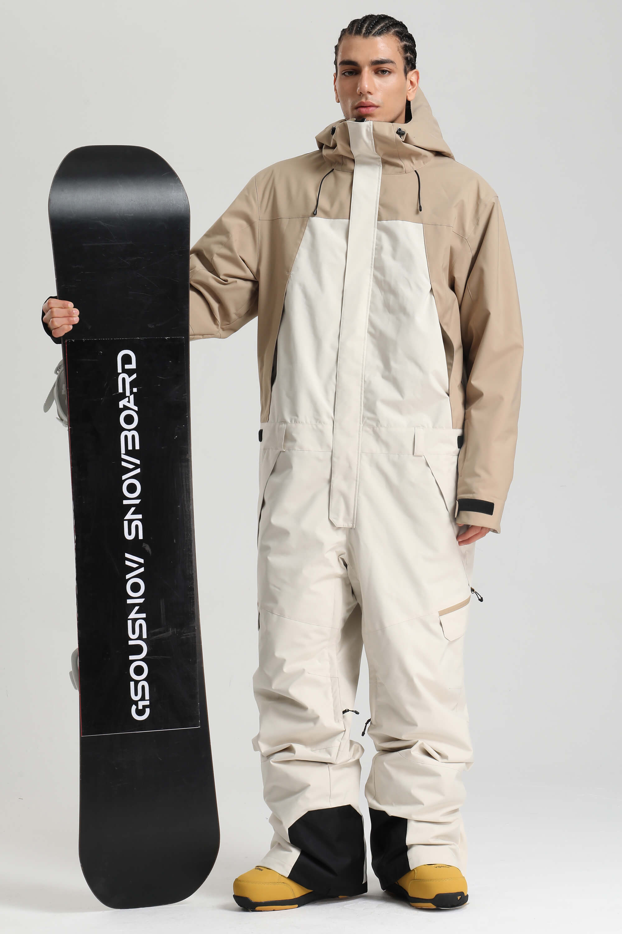 Men's Black Insulated Color-block Utility Baggy One-Piece Ski Suit