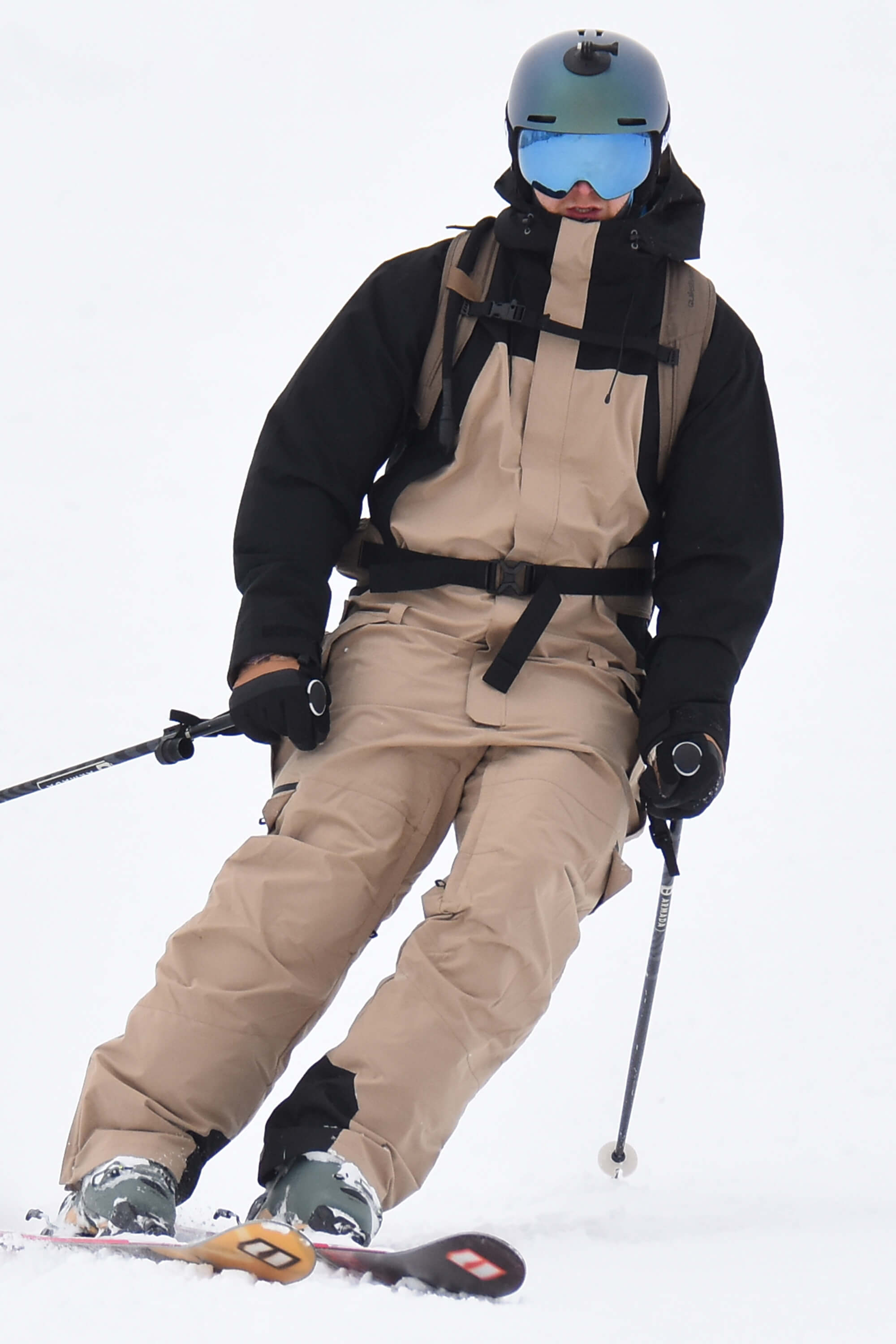 Men's Black Insulated Color-block Utility Baggy One-Piece Ski Suit