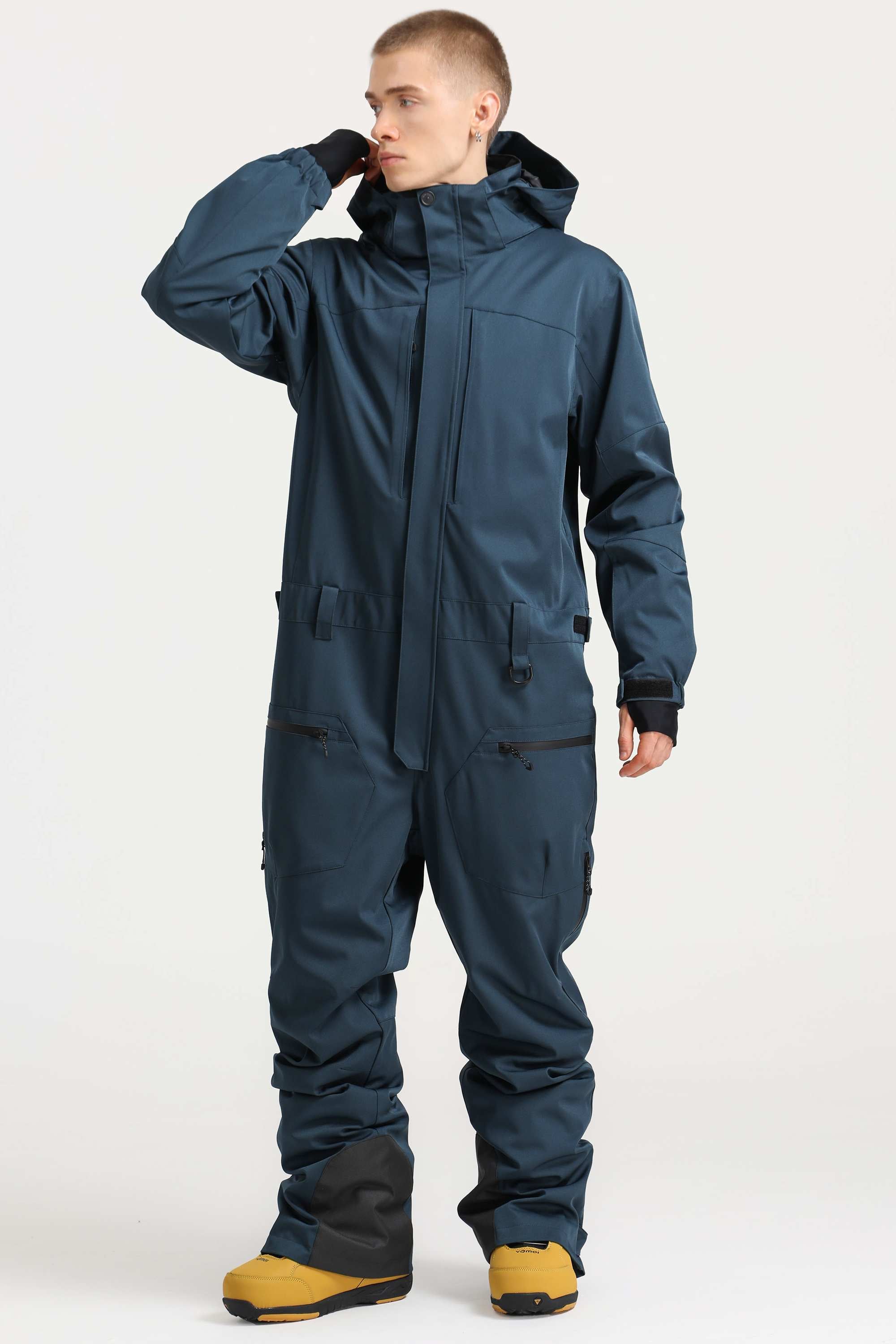 Men's Off White Stylish Waterproof & Windproof Loose-Fit One-Piece Ski Suit with Detachable Hood & Multipockets