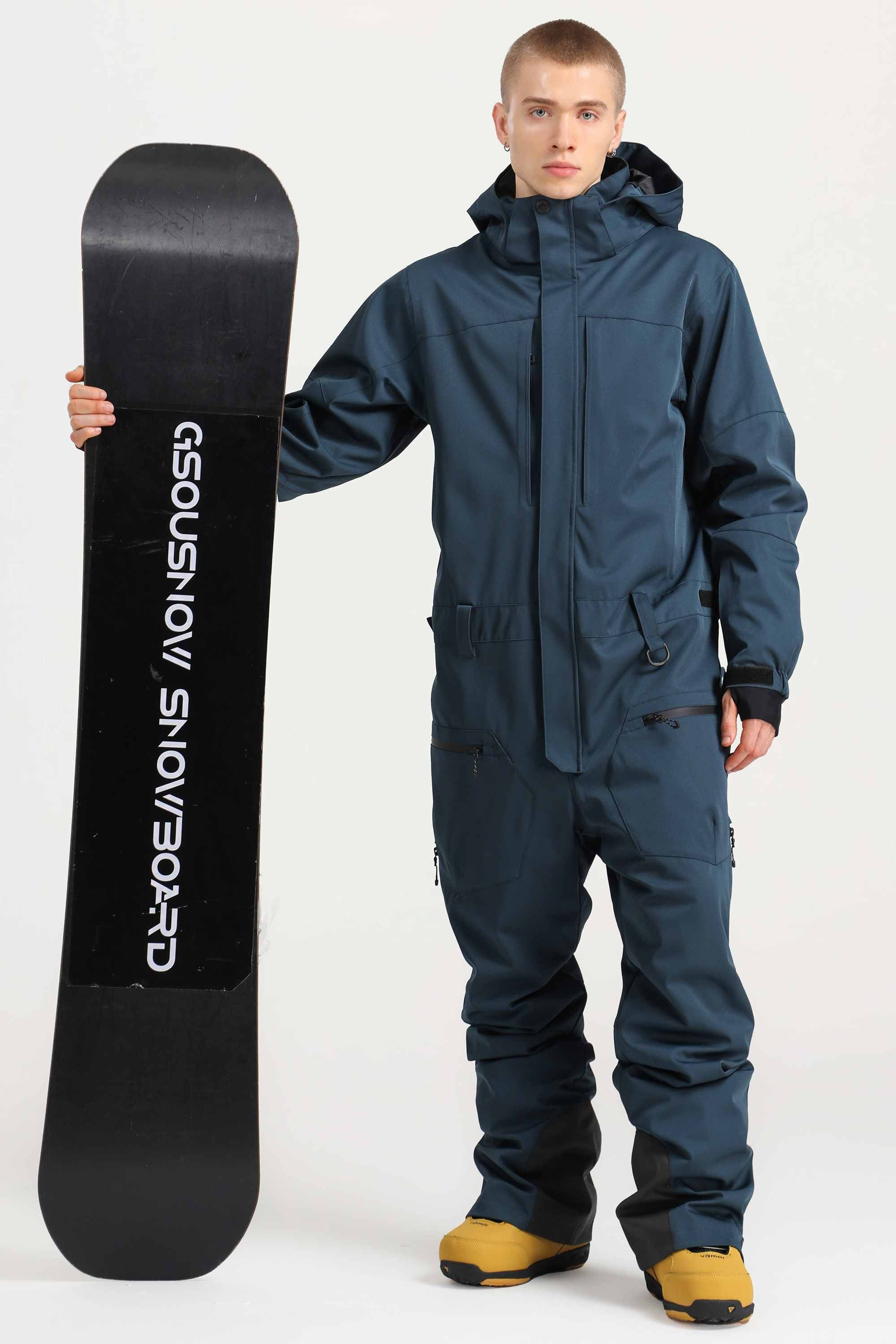 Men's Peacock Blue Stylish Waterproof & Windproof Loose-Fit One-Piece Ski Suit with Detachable Hood & Multipockets