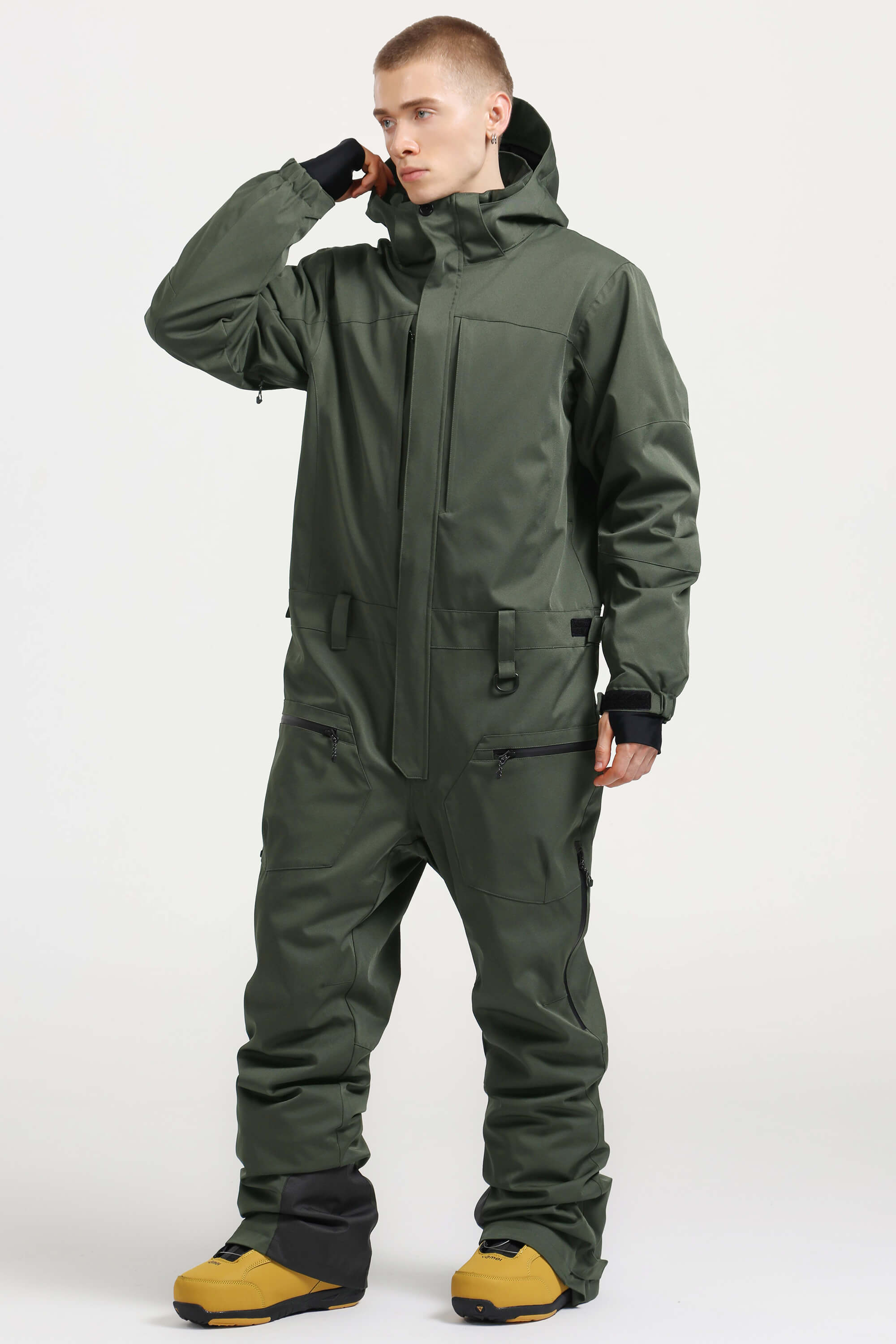 Men's Army Green Stylish Waterproof & Windproof Loose-Fit One-Piece Ski Suit with Detachable Hood & Multipockets