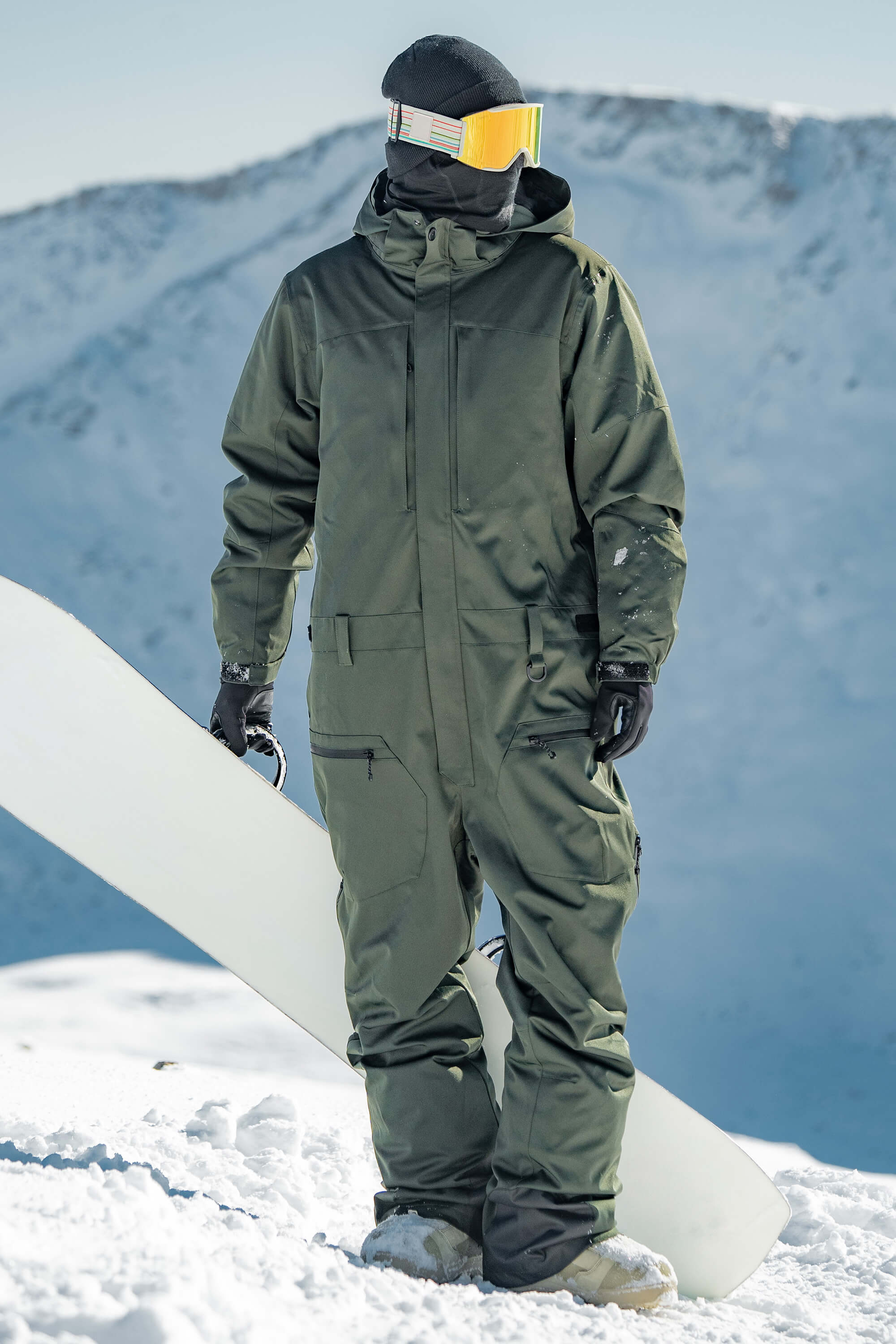 Men's Off White Stylish Waterproof & Windproof Loose-Fit One-Piece Ski Suit with Detachable Hood & Multipockets