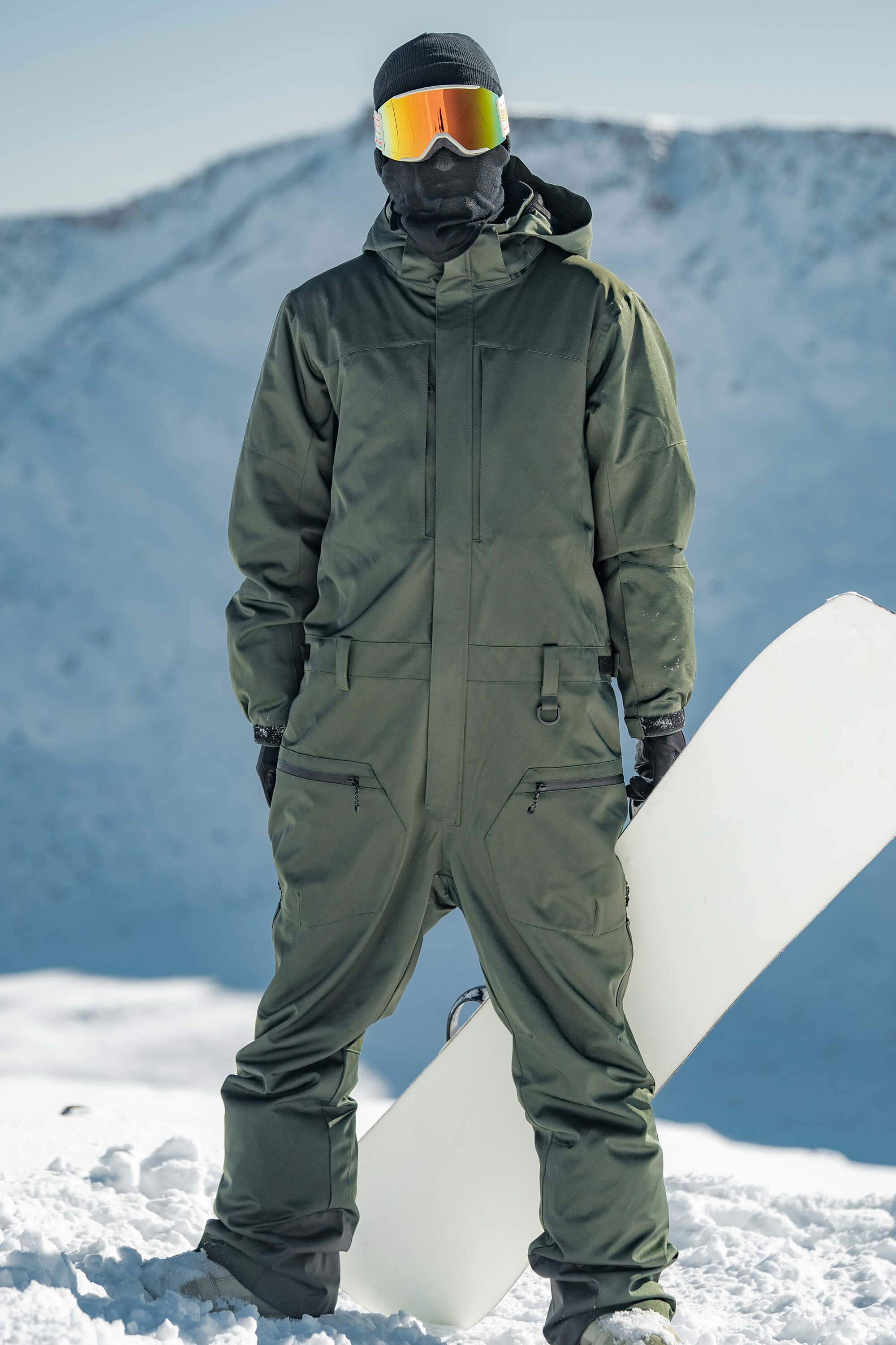 Men's Off White Stylish Waterproof & Windproof Loose-Fit One-Piece Ski Suit with Detachable Hood & Multipockets