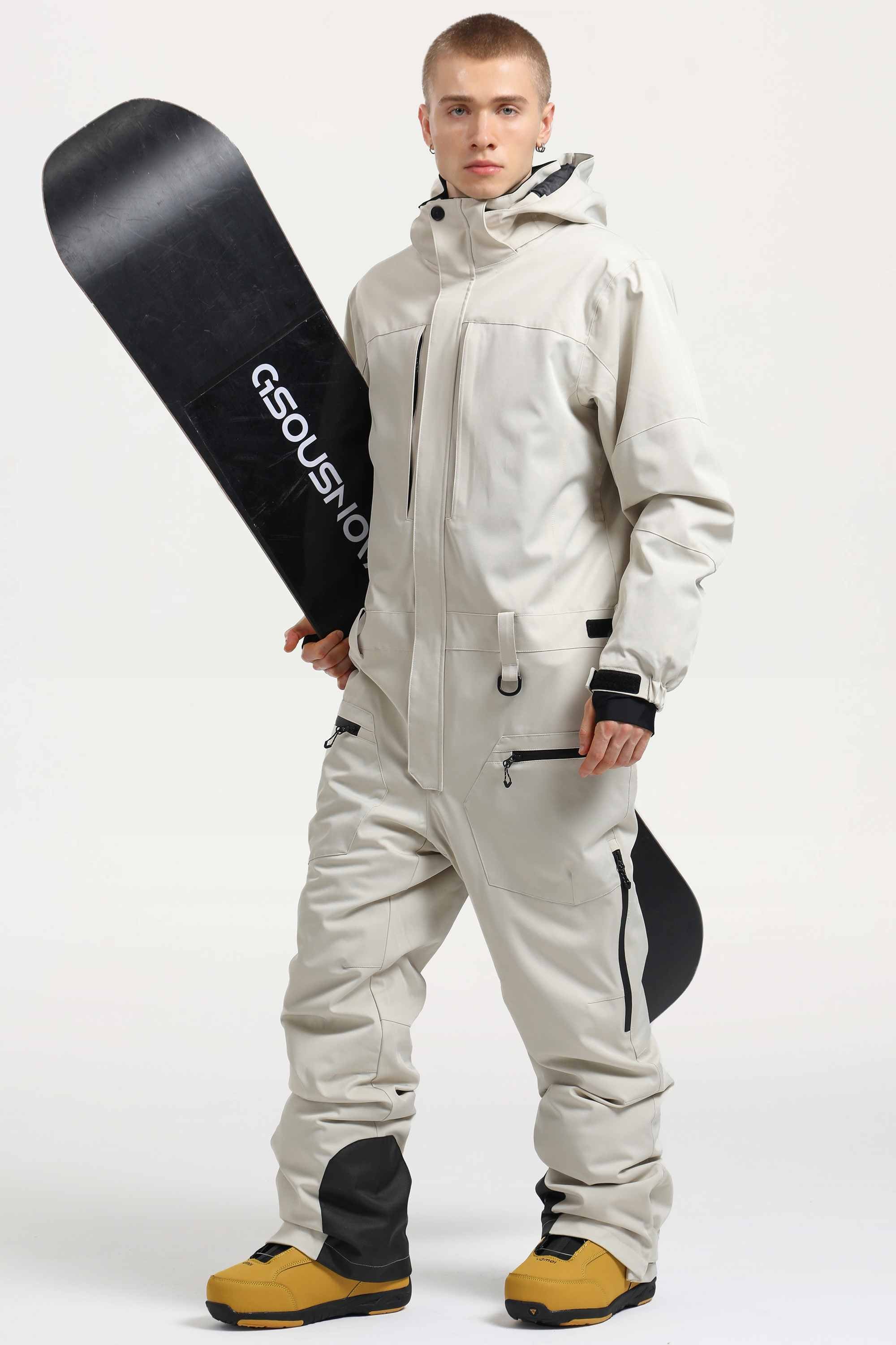 Men's Off White Stylish Waterproof & Windproof Loose-Fit One-Piece Ski Suit with Detachable Hood & Multipockets
