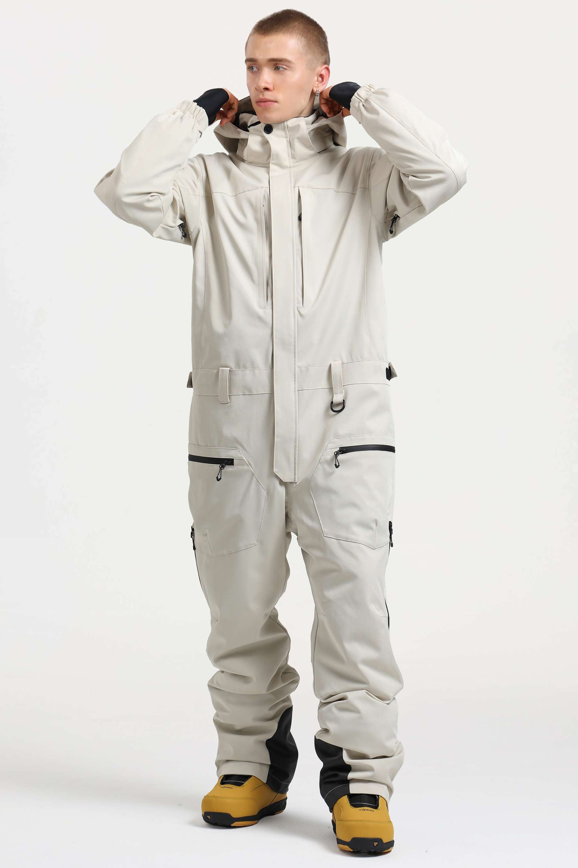 Men's Off White Stylish Waterproof & Windproof Loose-Fit One-Piece Ski Suit with Detachable Hood & Multipockets