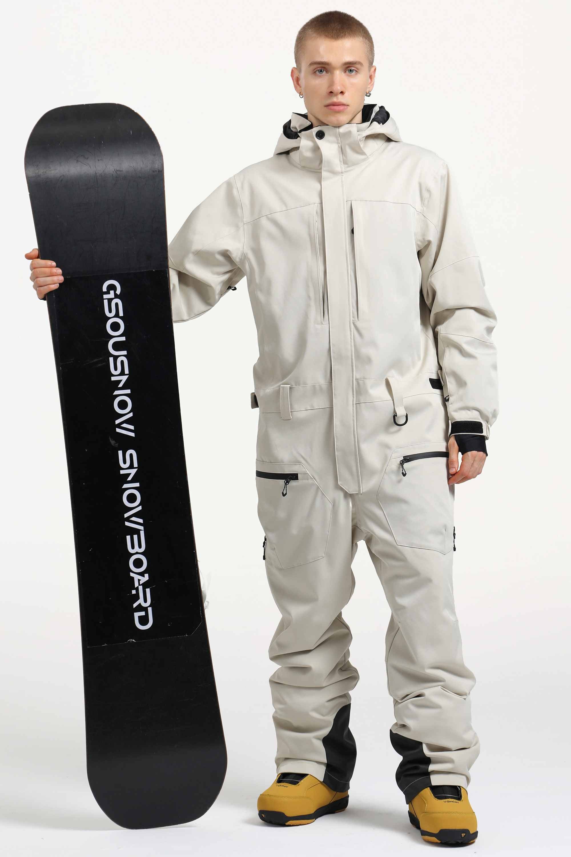 Men's Off White Stylish Waterproof & Windproof Loose-Fit One-Piece Ski Suit with Detachable Hood & Multipockets