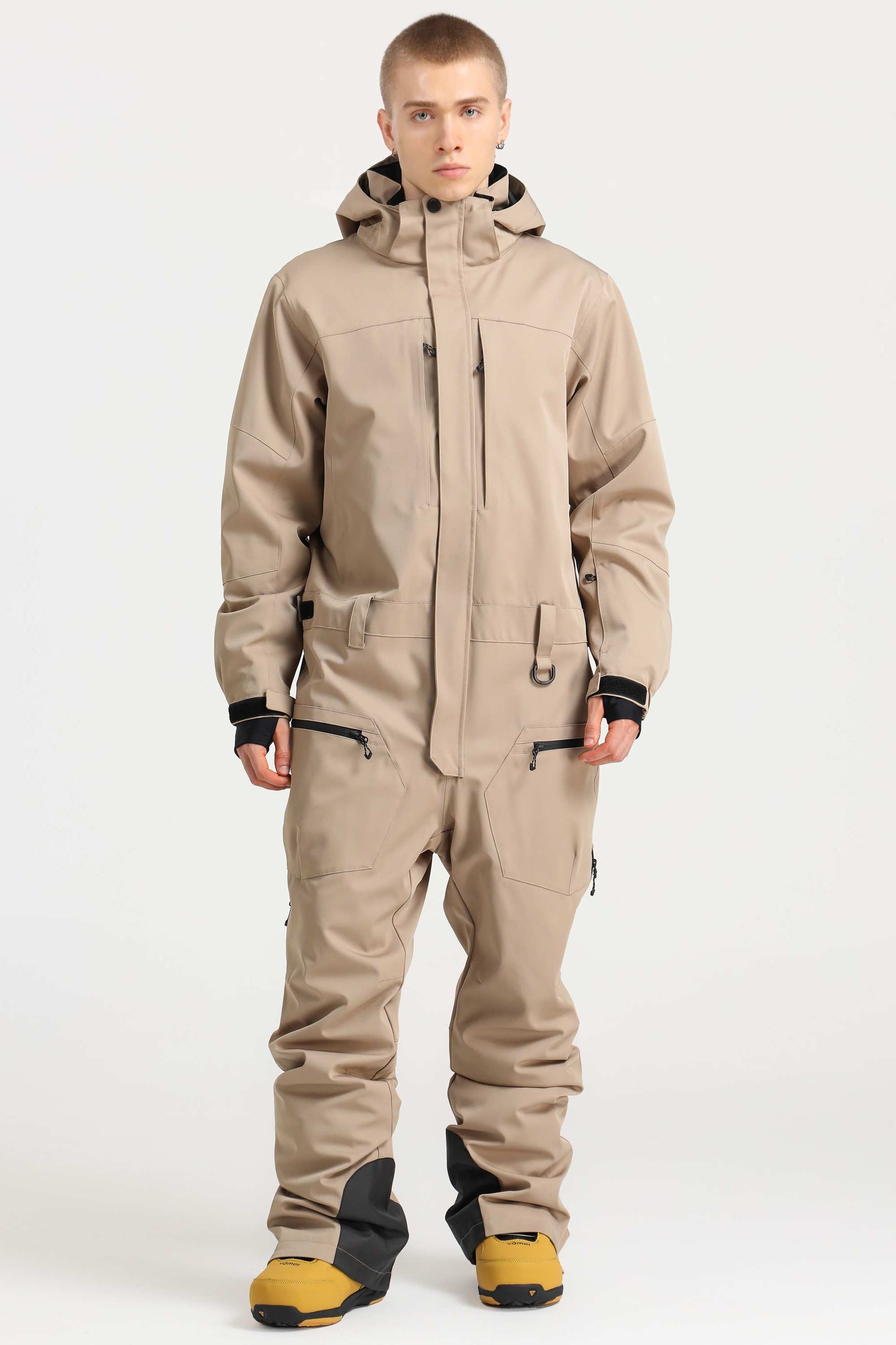 Men's Off White Stylish Waterproof & Windproof Loose-Fit One-Piece Ski Suit with Detachable Hood & Multipockets