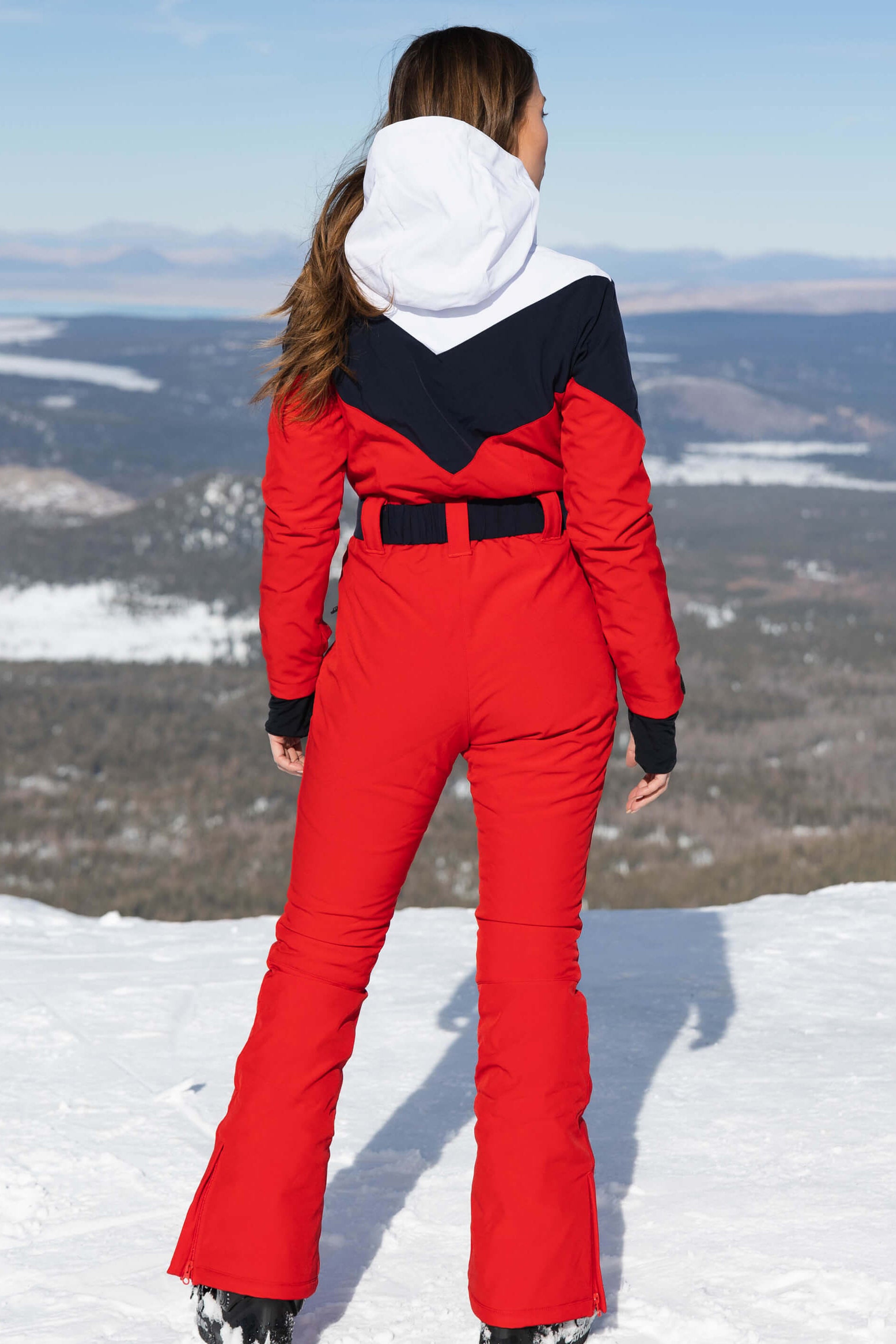 Women's Red & Navy All-in-One Belted Waterproof One-Piece Ski Suit