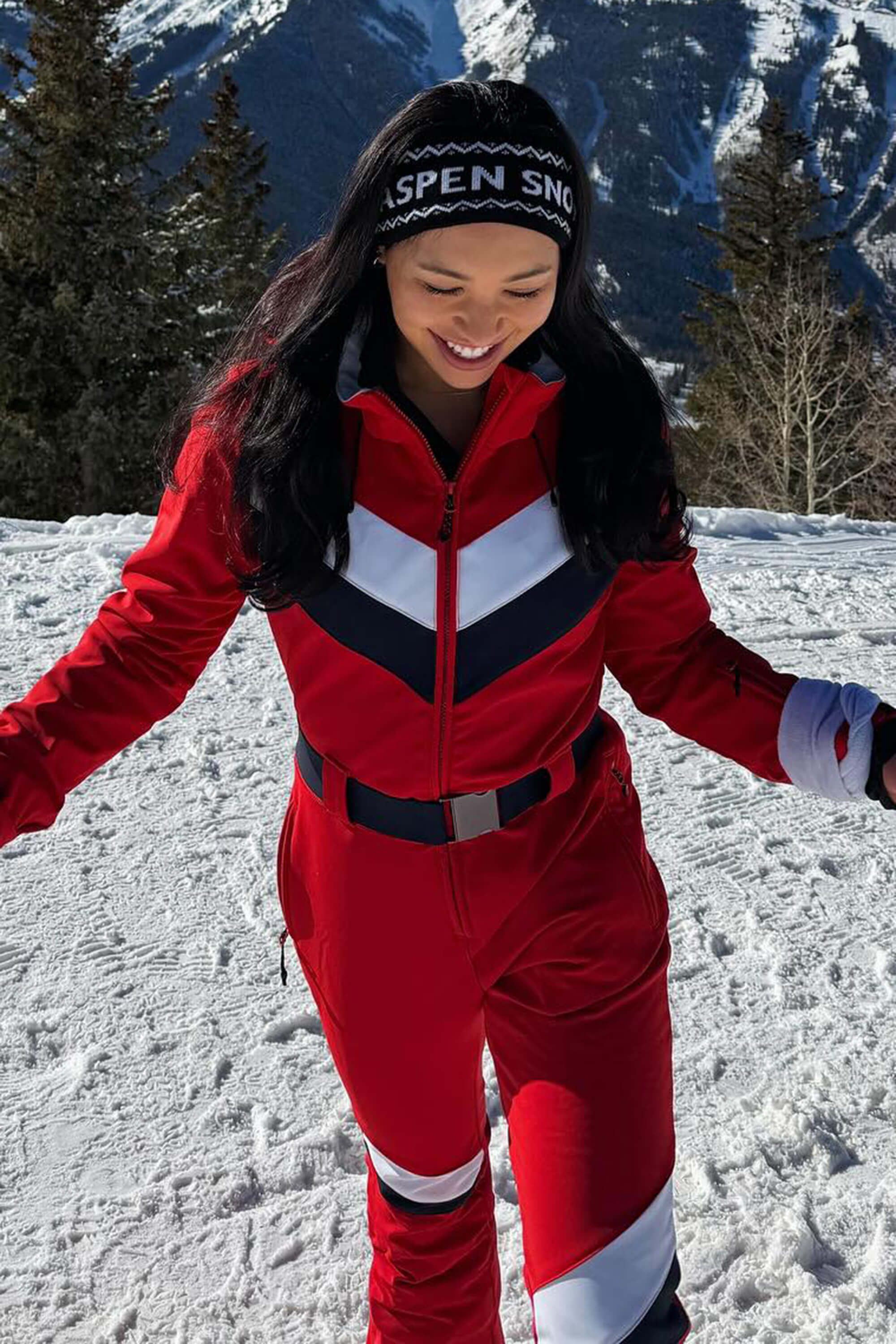 Women's Red Slim-Fit Waterproof One-Piece Ski Suits