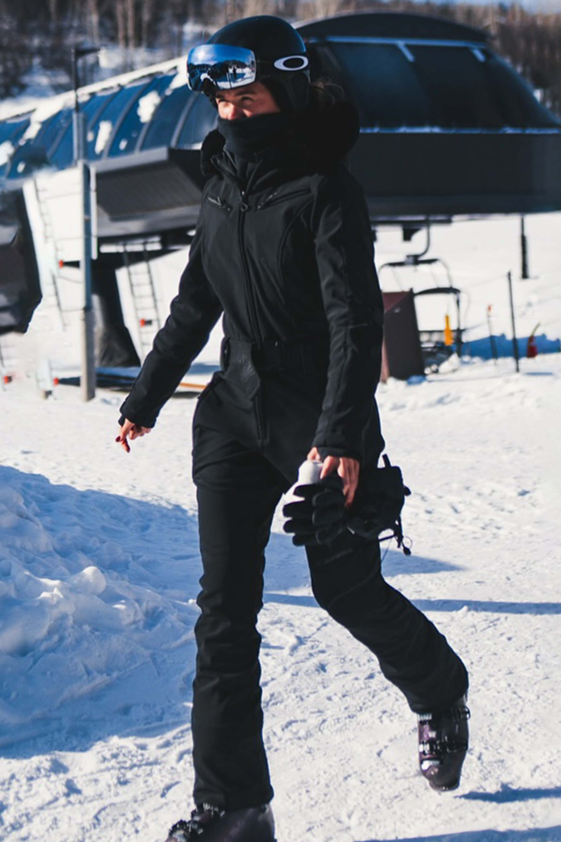 Women's Slim-Fit Stretch Faux Fur Black One-Piece Ski Suit
