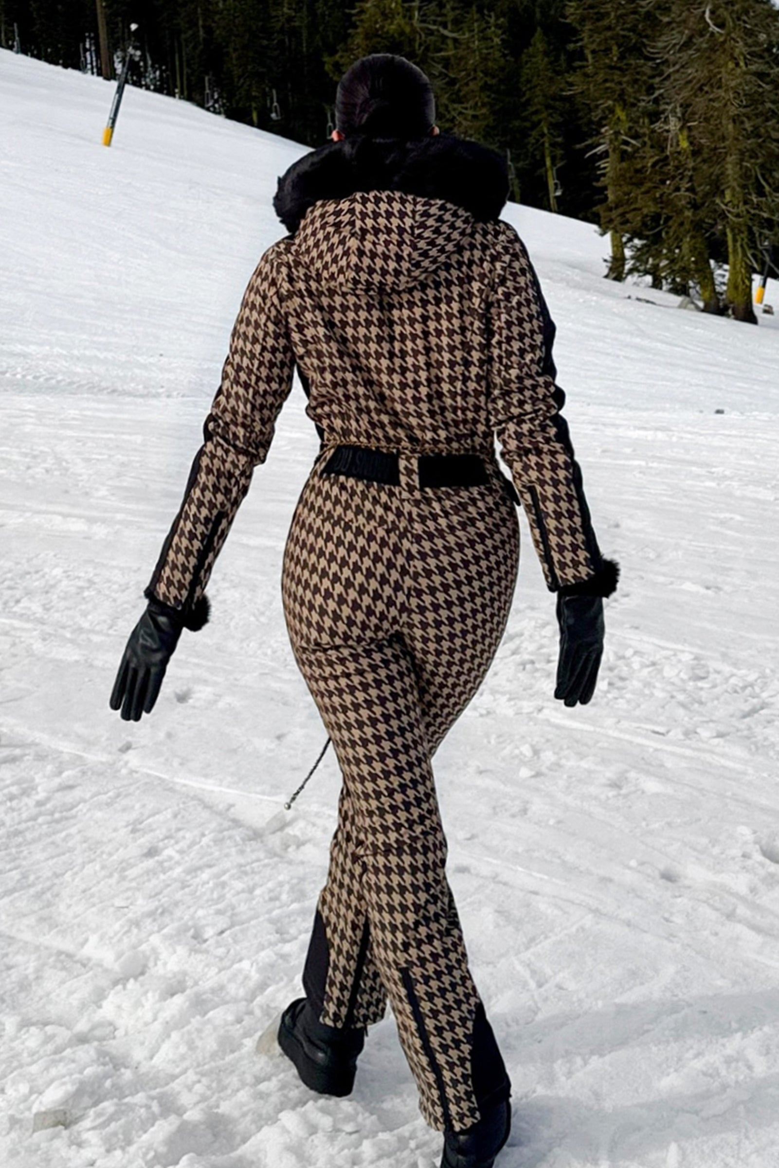 Women's Slim-Fit Stretch Faux Fur Tan Houndstooth One-Piece Ski Suit