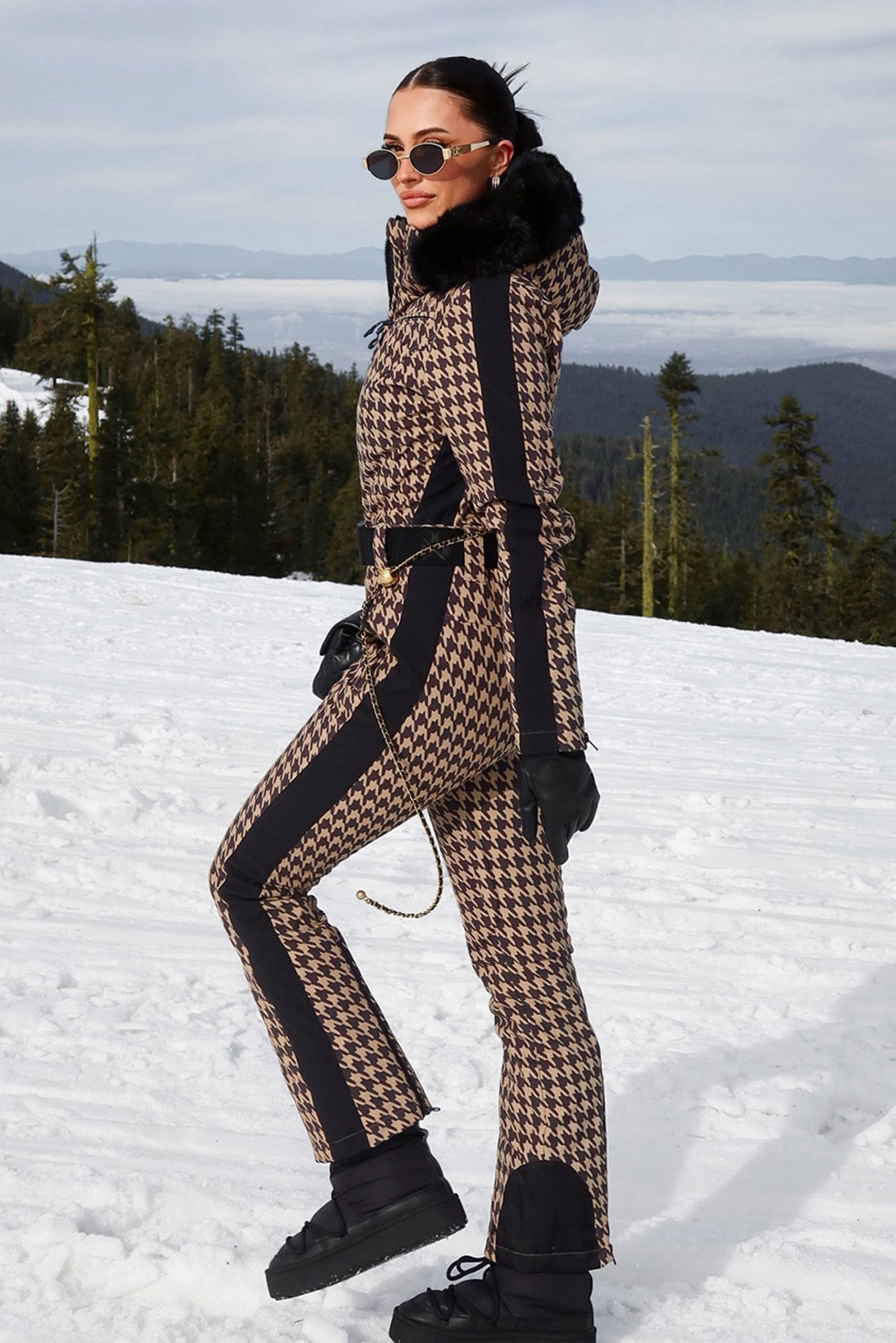 Women's Slim-Fit Stretch Faux Fur Tan Houndstooth One-Piece Ski Suit