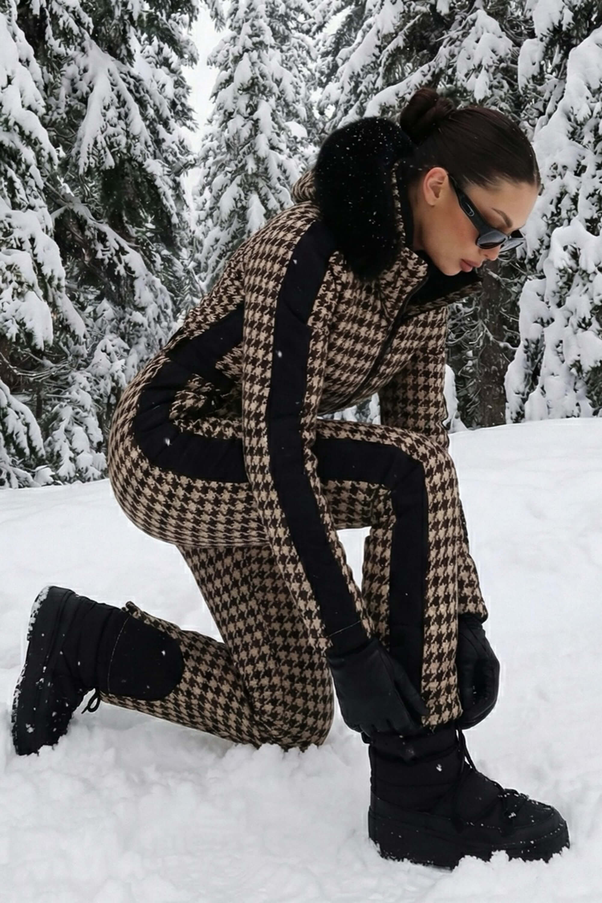 Women's Slim-Fit Stretch Faux Fur Tan Houndstooth One-Piece Ski Suit