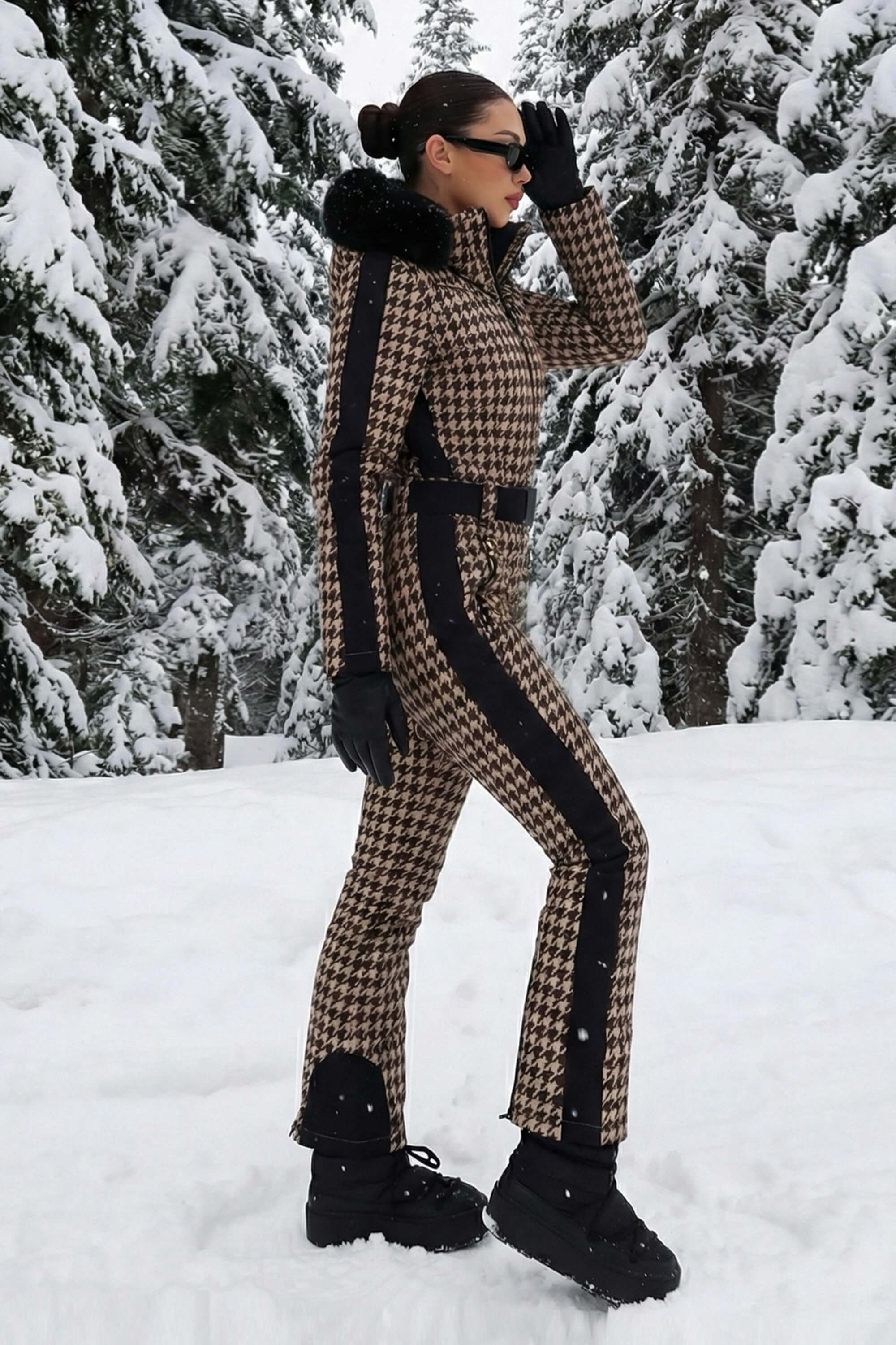 Women's Slim-Fit Stretch Faux Fur Tan Houndstooth One-Piece Ski Suit