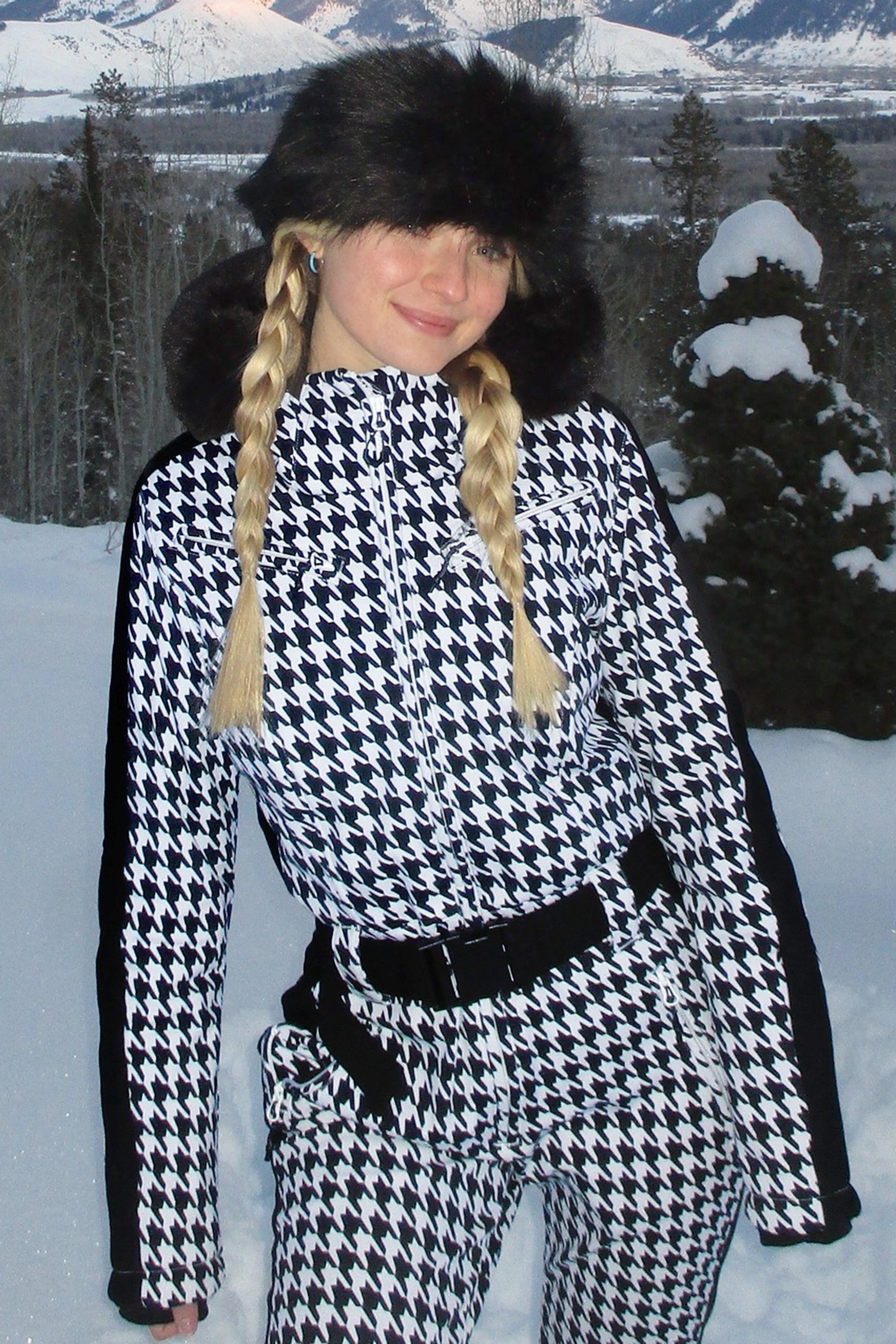 Women's Slim-Fit Stretch Faux Fur Tan Houndstooth One-Piece Ski Suit