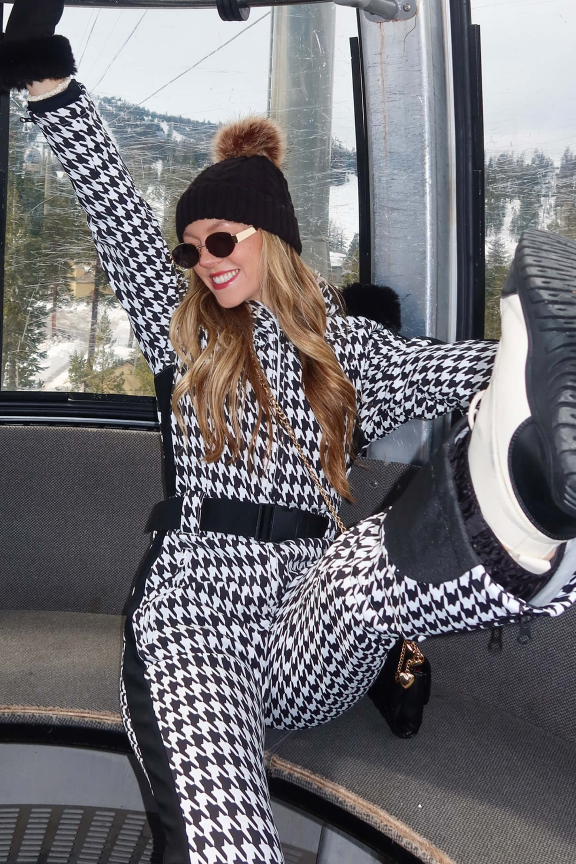 Women's Slim-Fit Stretch Faux Fur Houndstooth One-Piece Ski Suit