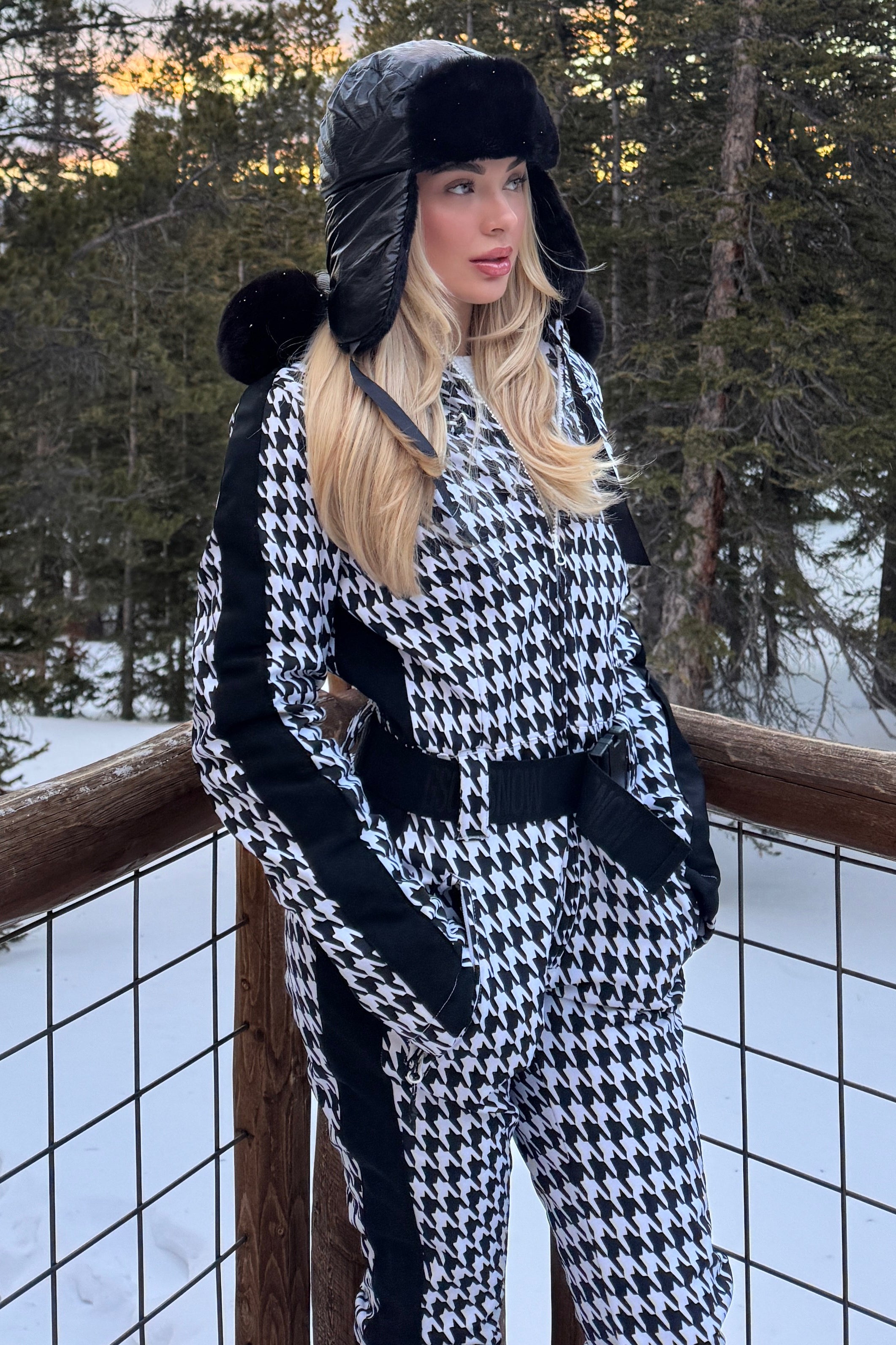 Women's Slim-Fit Stretch Faux Fur Tan Houndstooth One-Piece Ski Suit