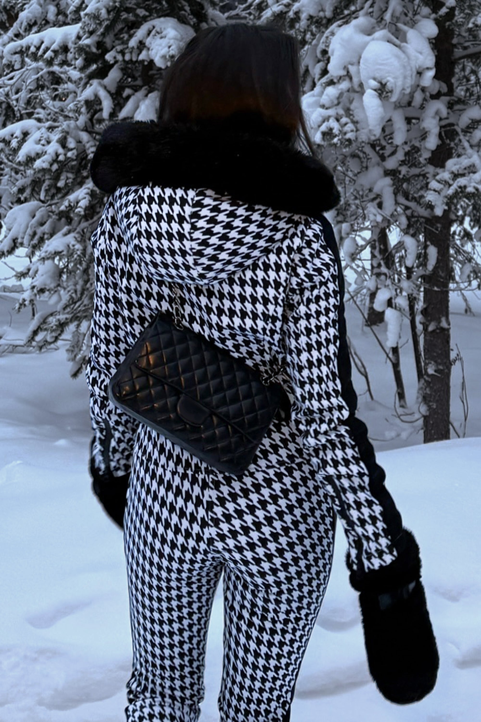 Women's Slim-Fit Stretch Faux Fur Houndstooth One-Piece Ski Suit