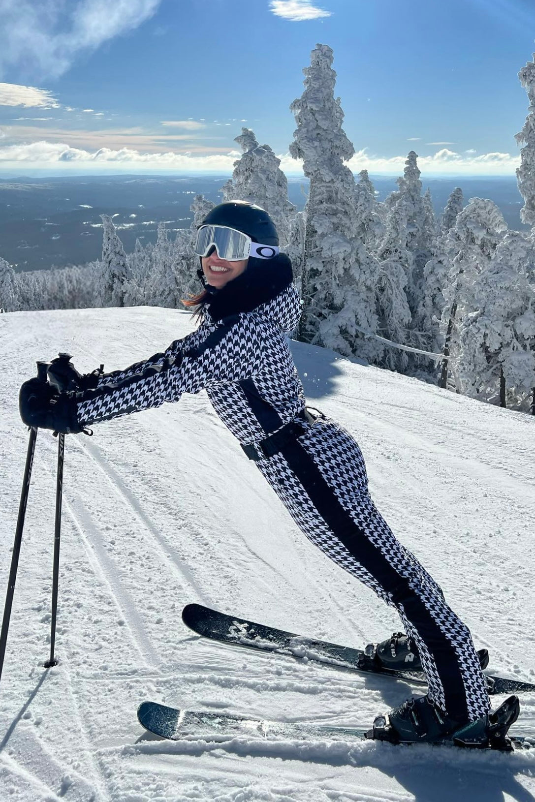 Women's Slim-Fit Stretch Faux Fur Houndstooth One-Piece Ski Suit