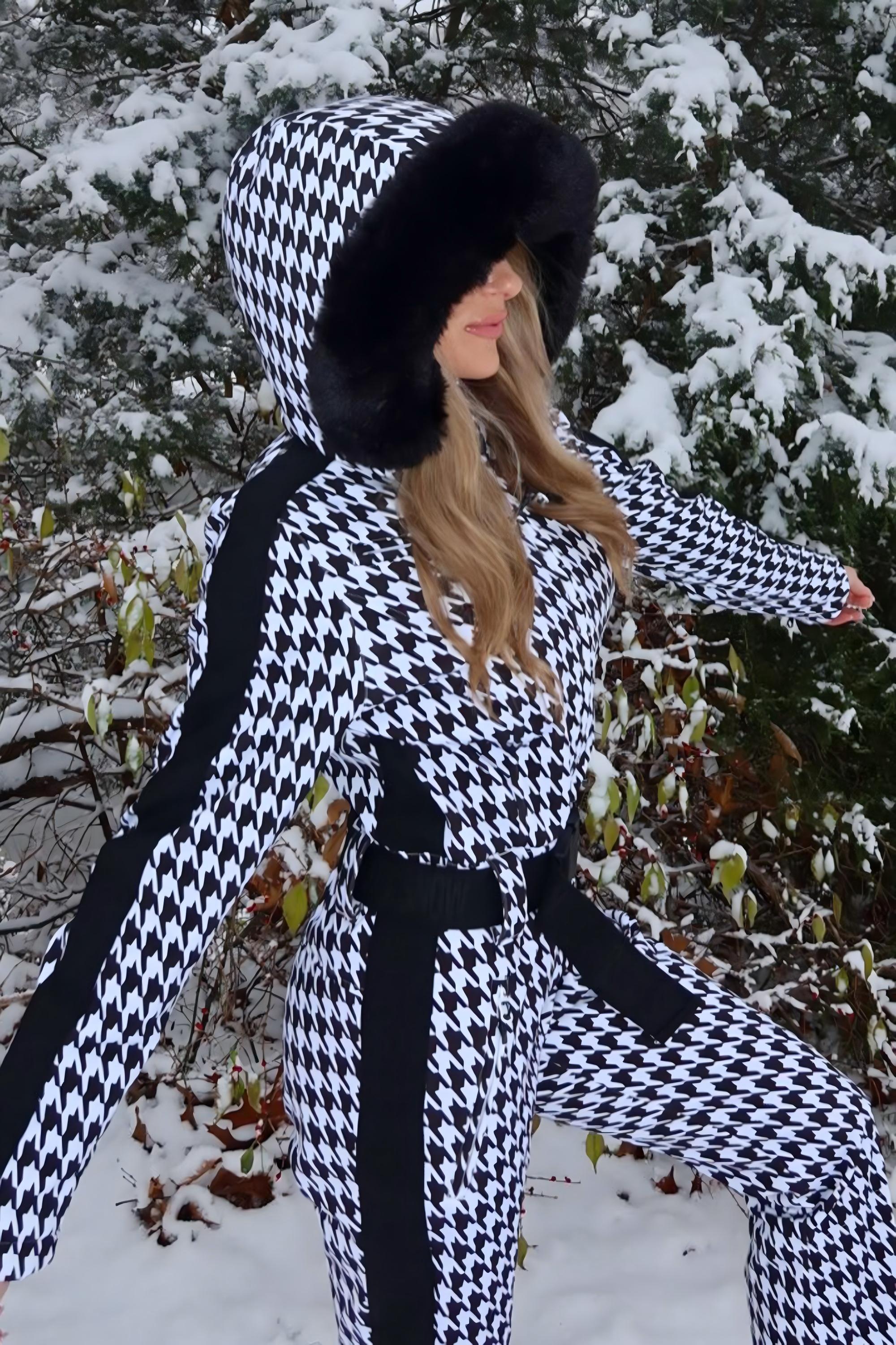 Women's Slim-Fit Stretch Faux Fur Houndstooth One-Piece Ski Suit