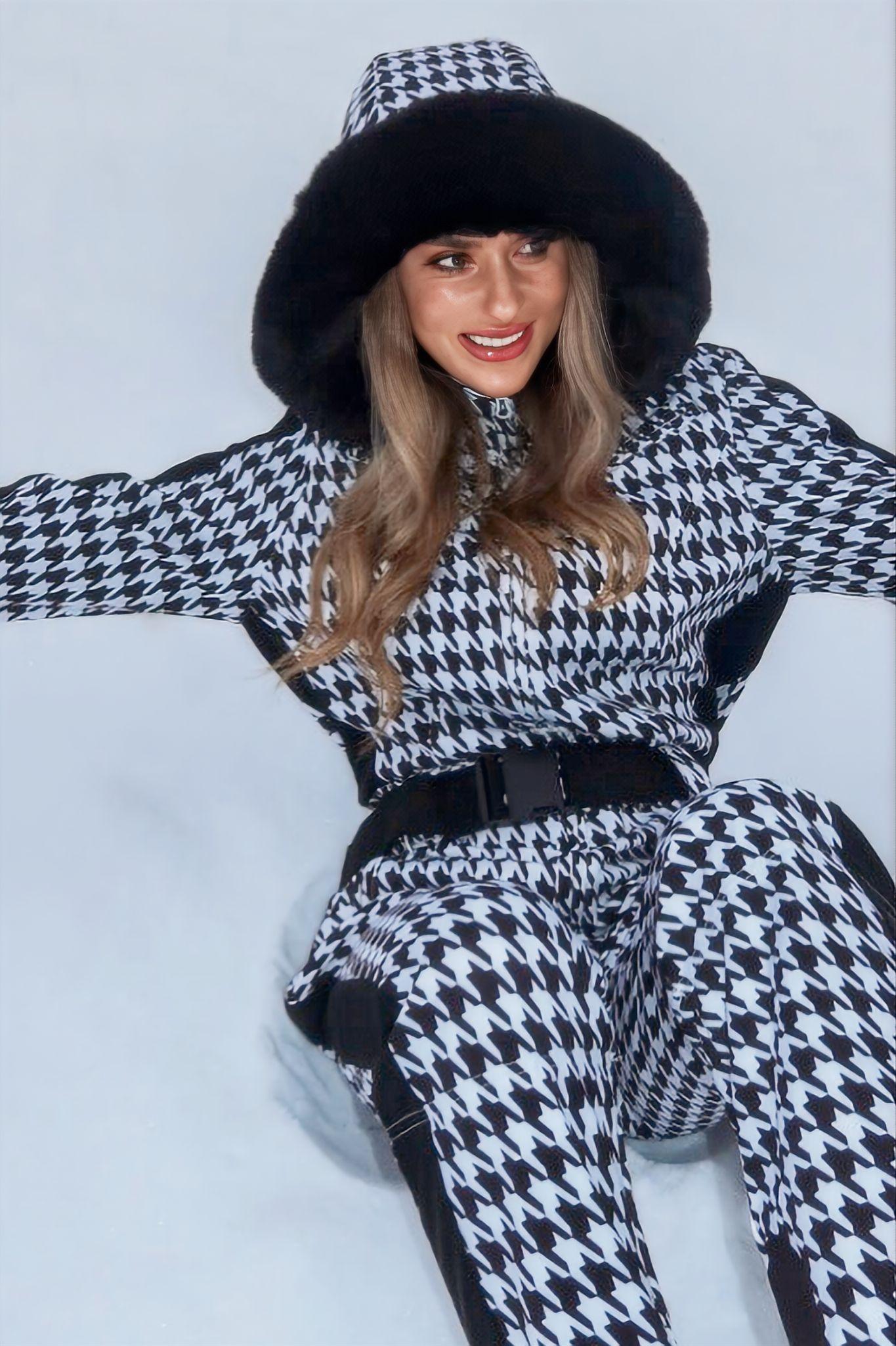Women's Slim-Fit Stretch Faux Fur Houndstooth One-Piece Ski Suit