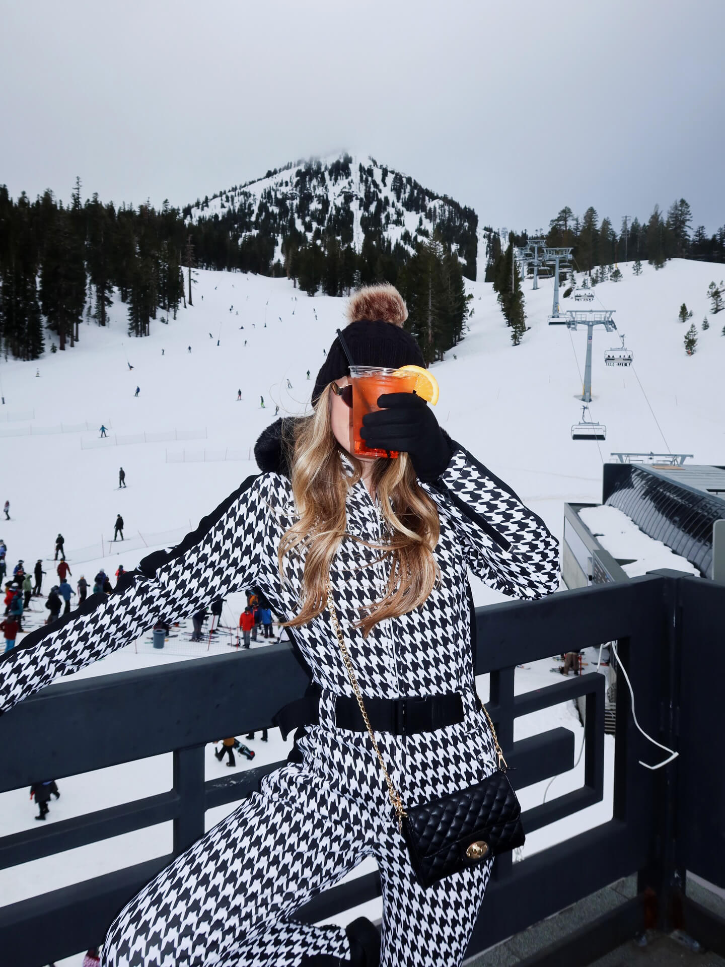 Women's Slim-Fit Stretch Faux Fur Houndstooth One-Piece Ski Suit