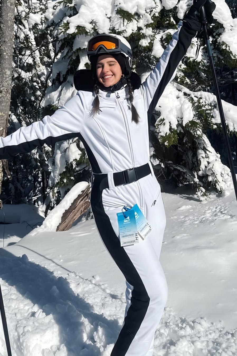 Women's Minimalist Faux Fur White & Black Down One-piece Ski Suits