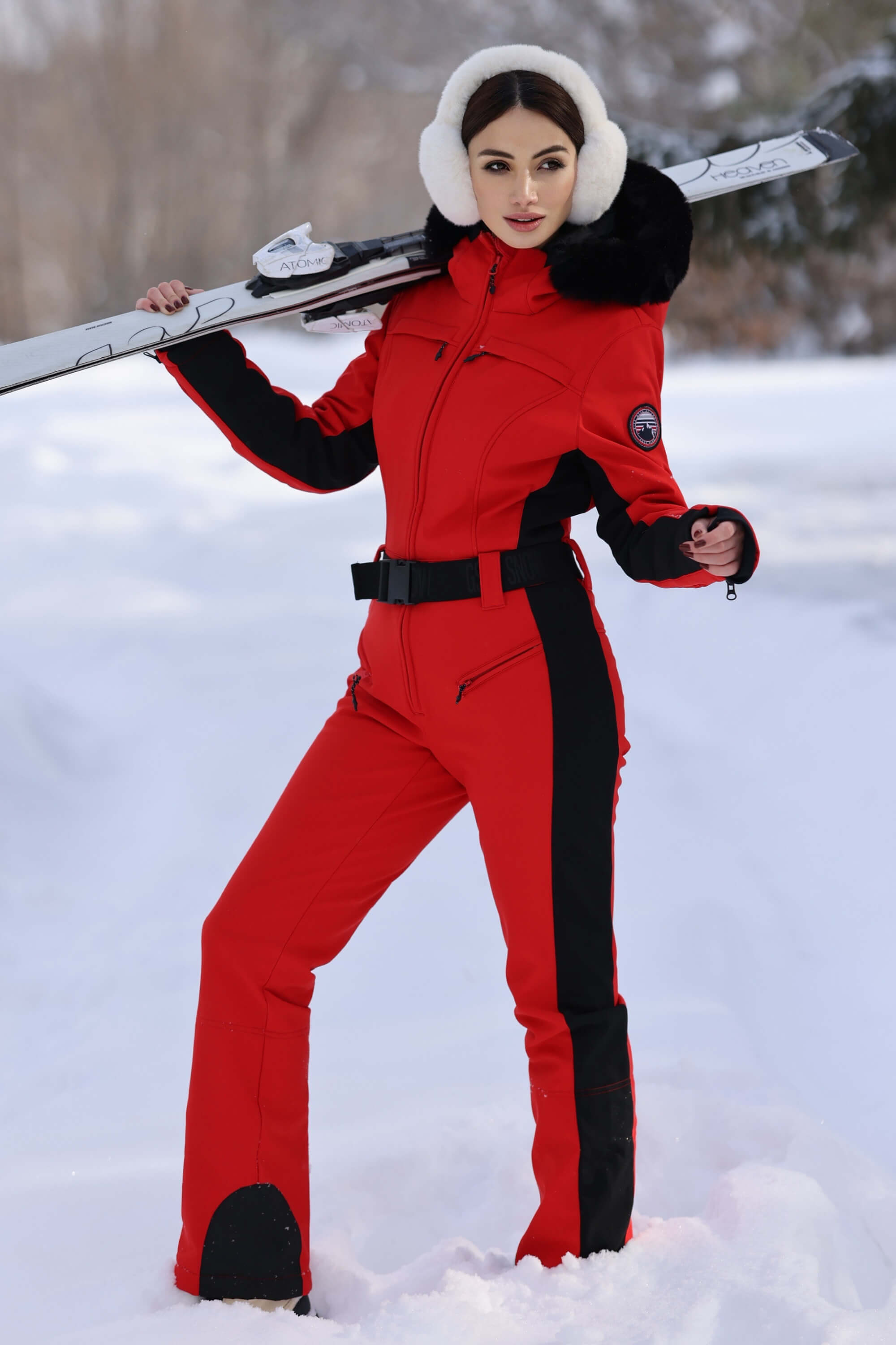 Women's Minimalist Faux Fur Red Down One-piece Ski Suits