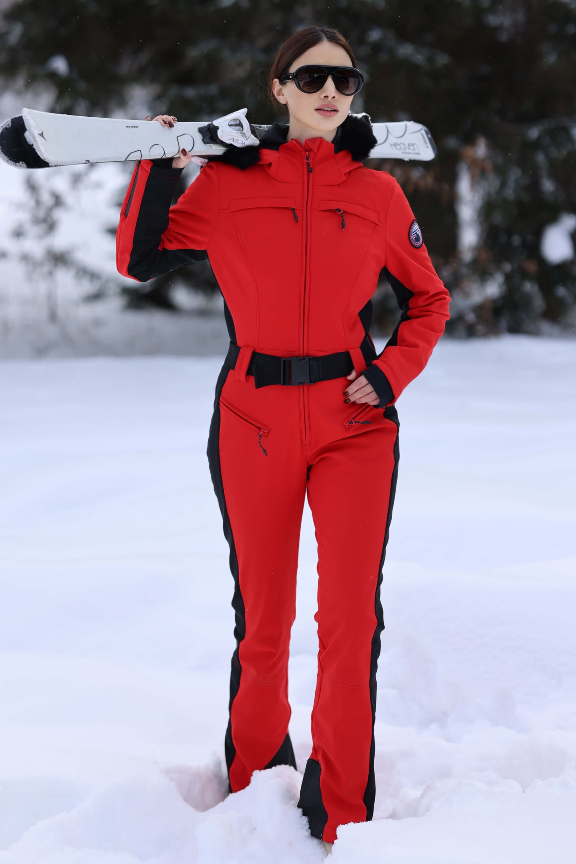 Women's Minimalist Faux Fur Red Down One-piece Ski Suits