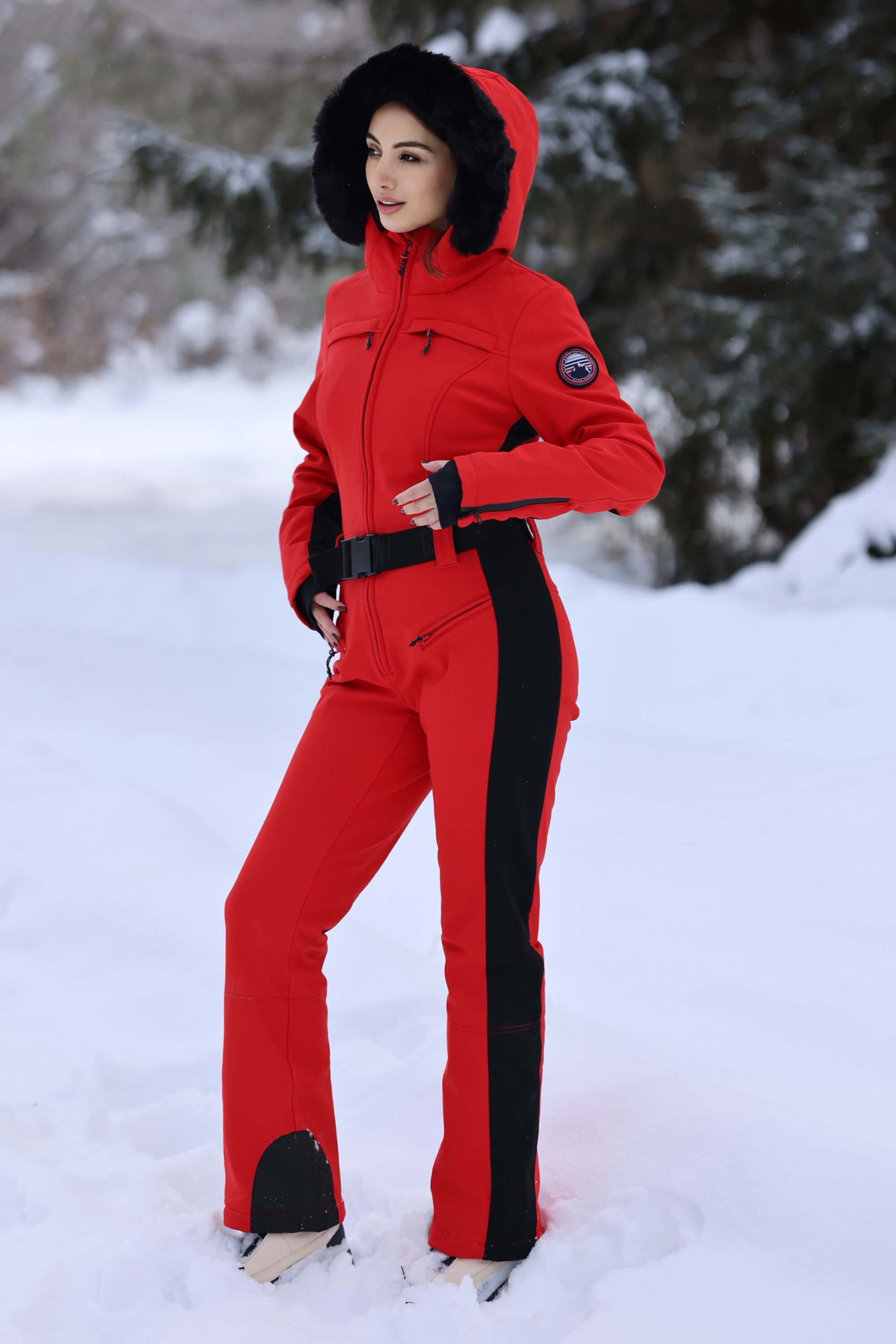 Women's Minimalist Faux Fur Red Down One-piece Ski Suits