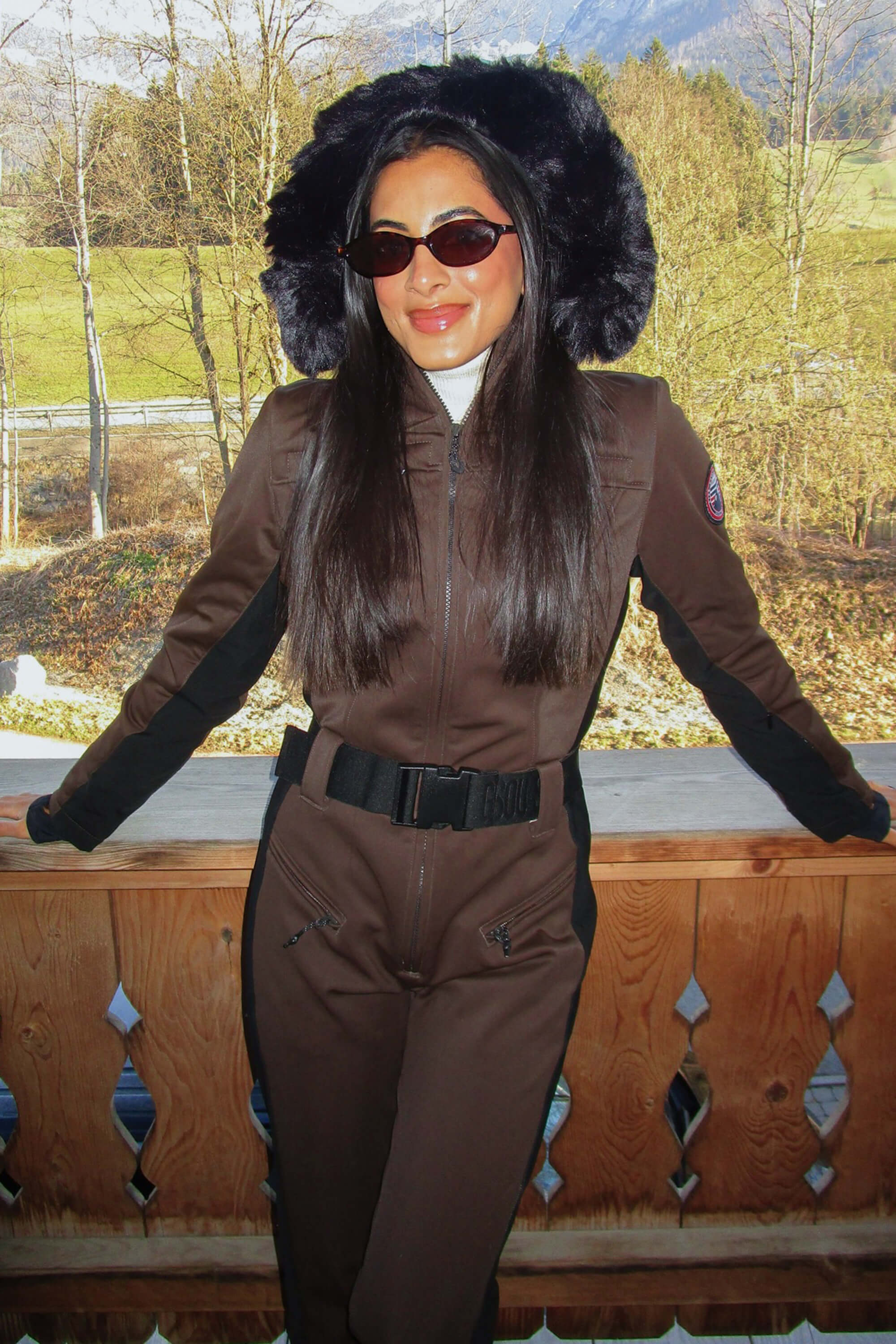 Women's Minimalist Faux Fur Dark Brown Down One-piece Ski Suits