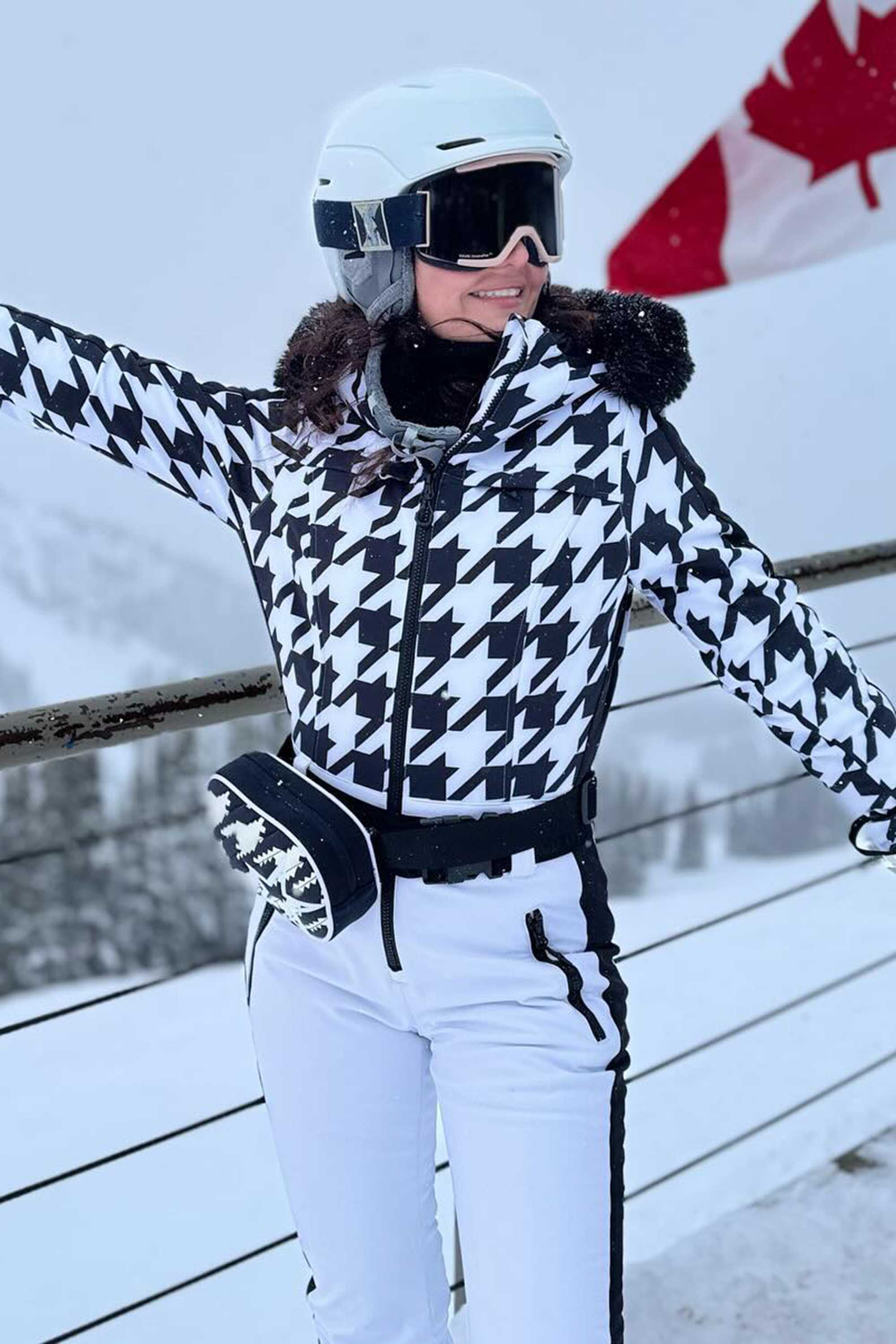 Women's Houndstooth White Faux Fur Hood One-Piece Down Ski Suit