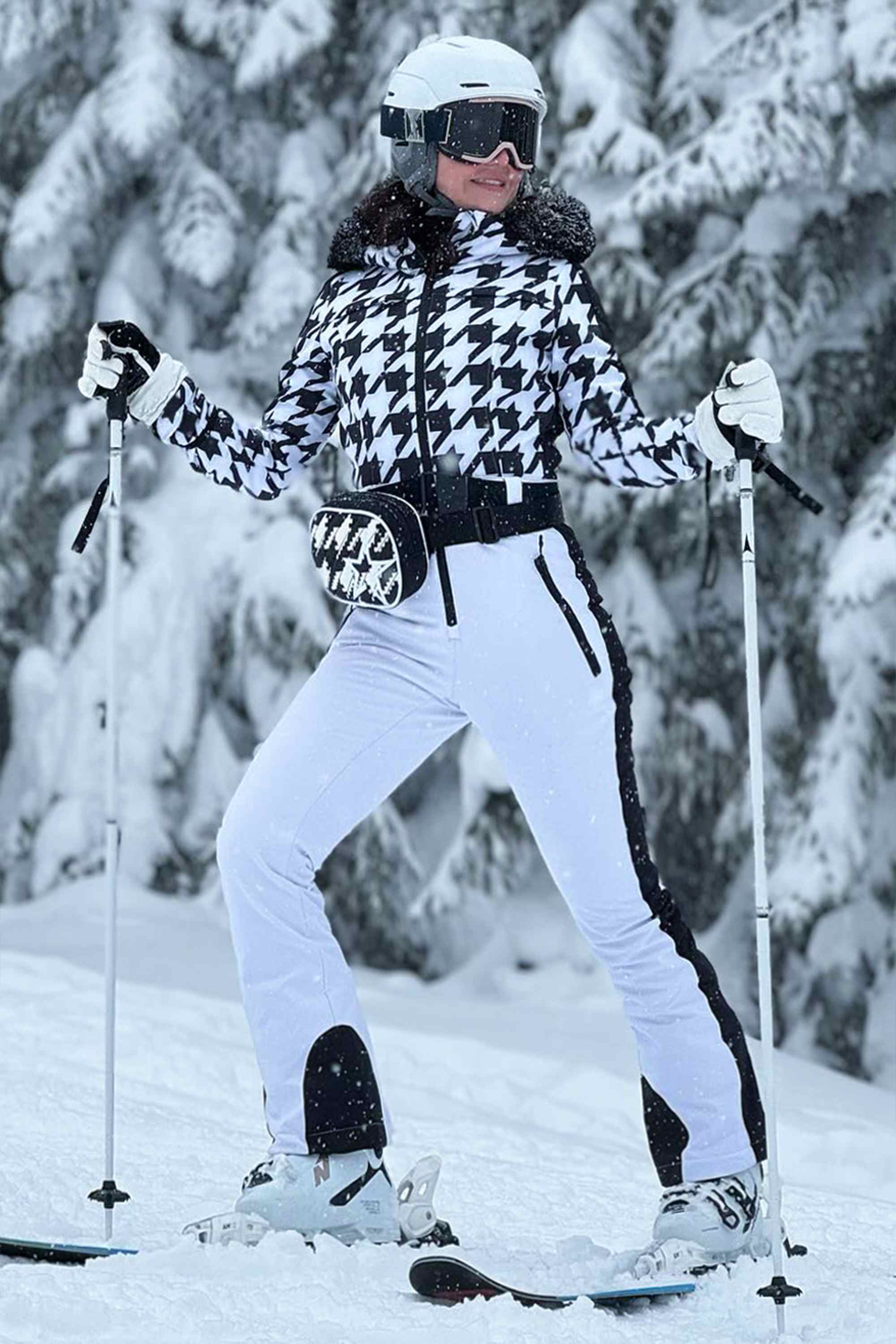Women's Houndstooth White Faux Fur Hood One-Piece Down Ski Suit