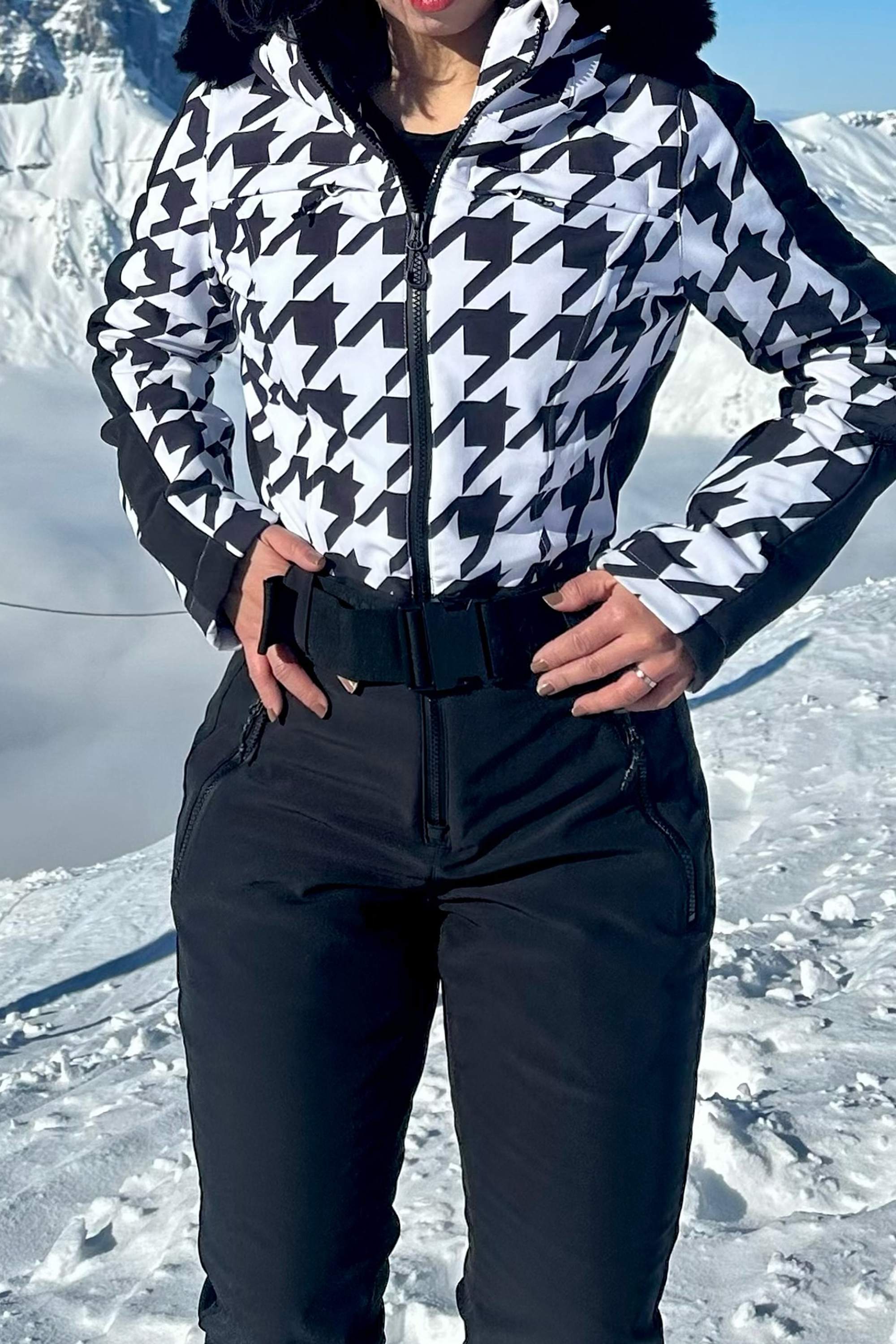 Women's Houndstooth White Faux Fur Hood One-Piece Down Ski Suit