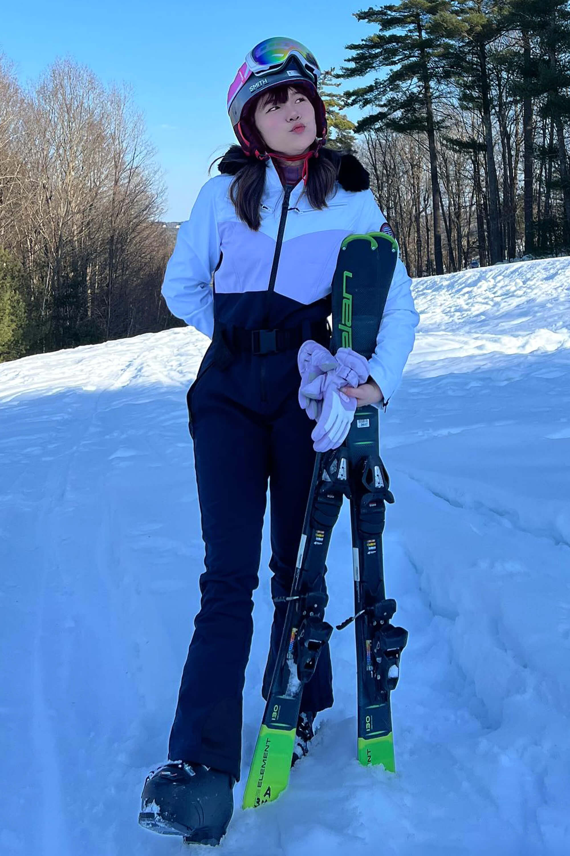 Women's Lavender & Navy Waist-Defining Waterproof Insulated One-Piece Ski Suits