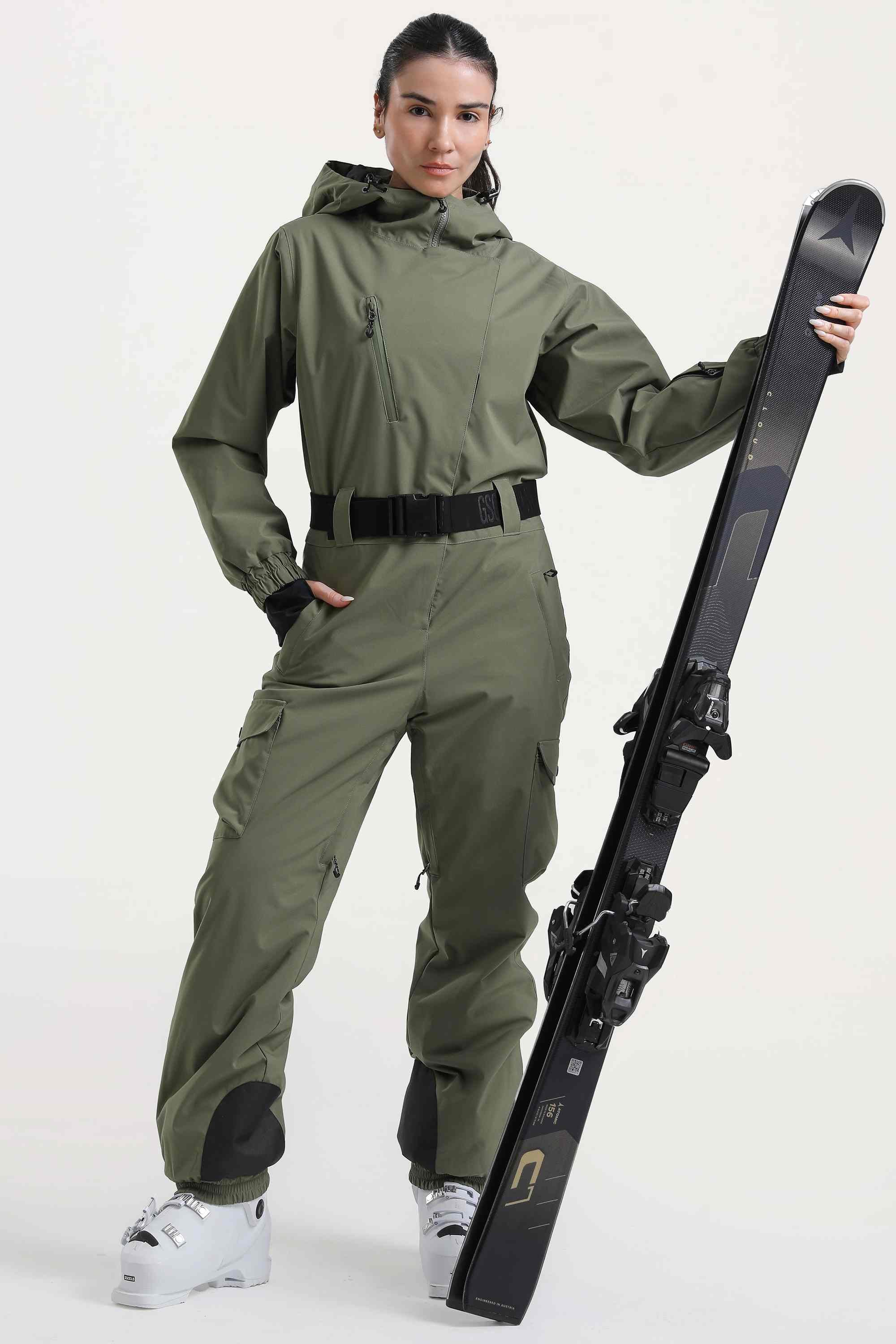 Women's Black Insulated Waterproof Asymmetric Design Belted One-Piece Ski Suit