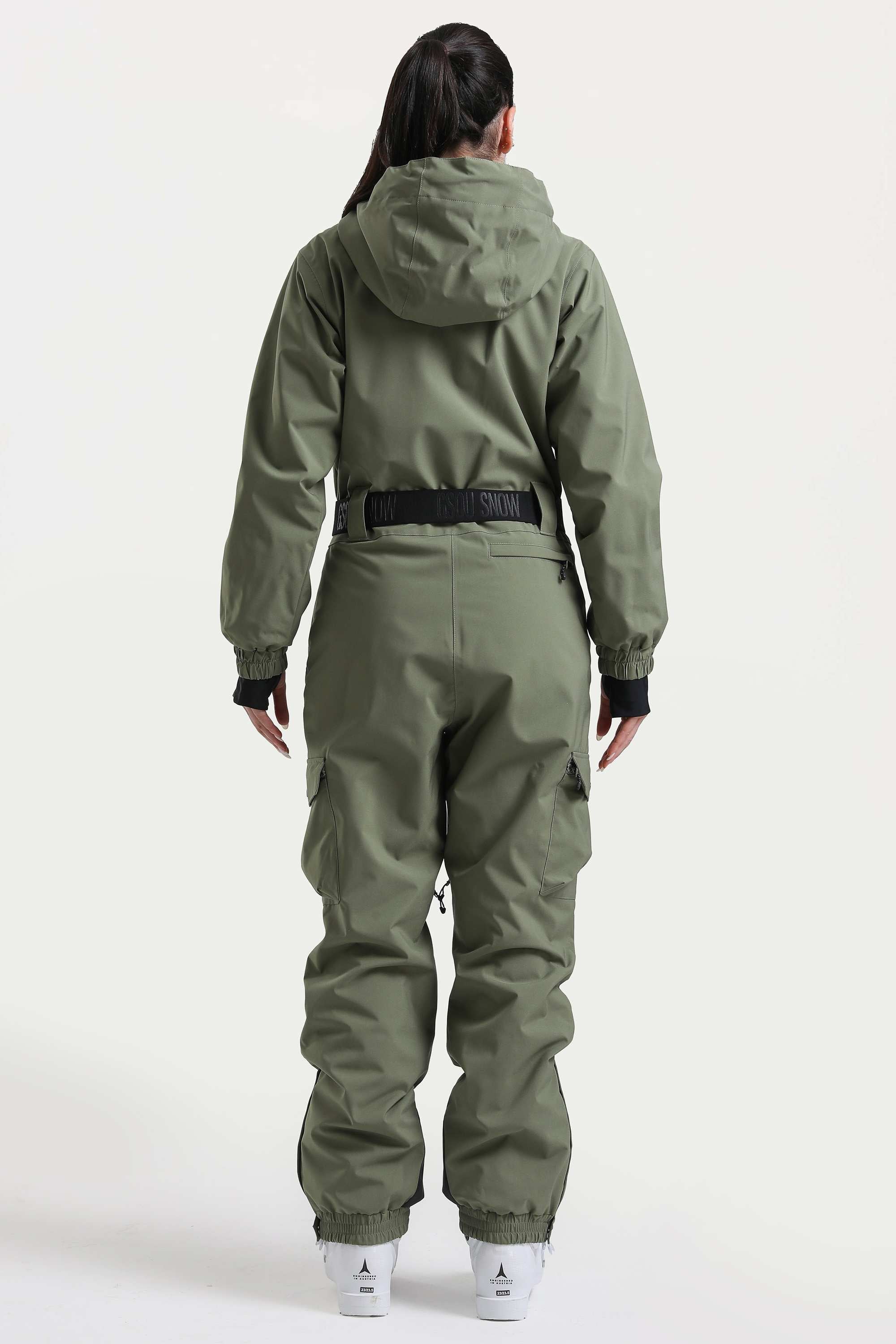 Women's Army Green Insulated Waterproof Asymmetric Design Belted One-Piece Ski Suit