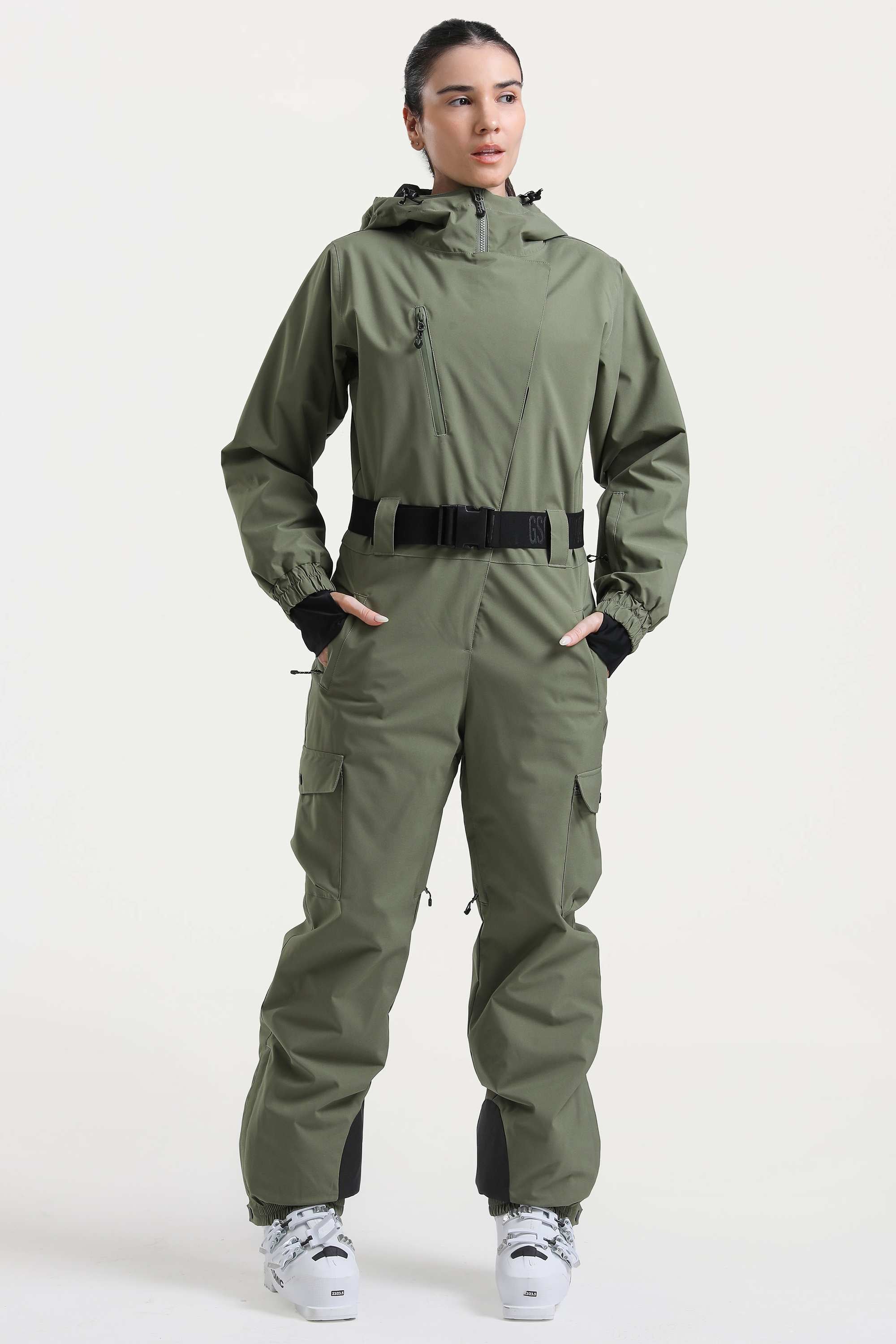 Women's Black Insulated Waterproof Asymmetric Design Belted One-Piece Ski Suit
