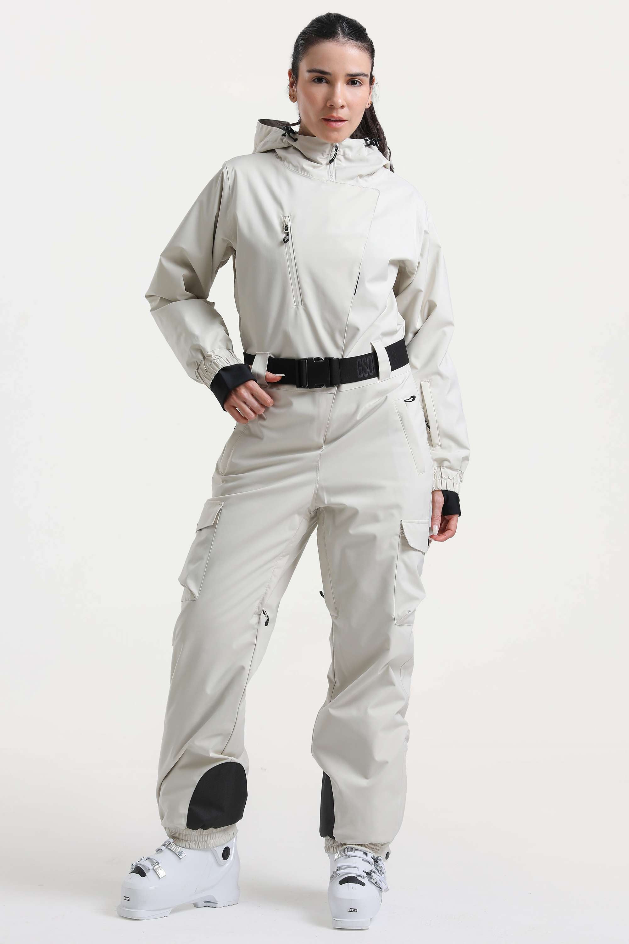 Women's Off White Insulated Waterproof Asymmetric Design Belted One-Piece Ski Suit