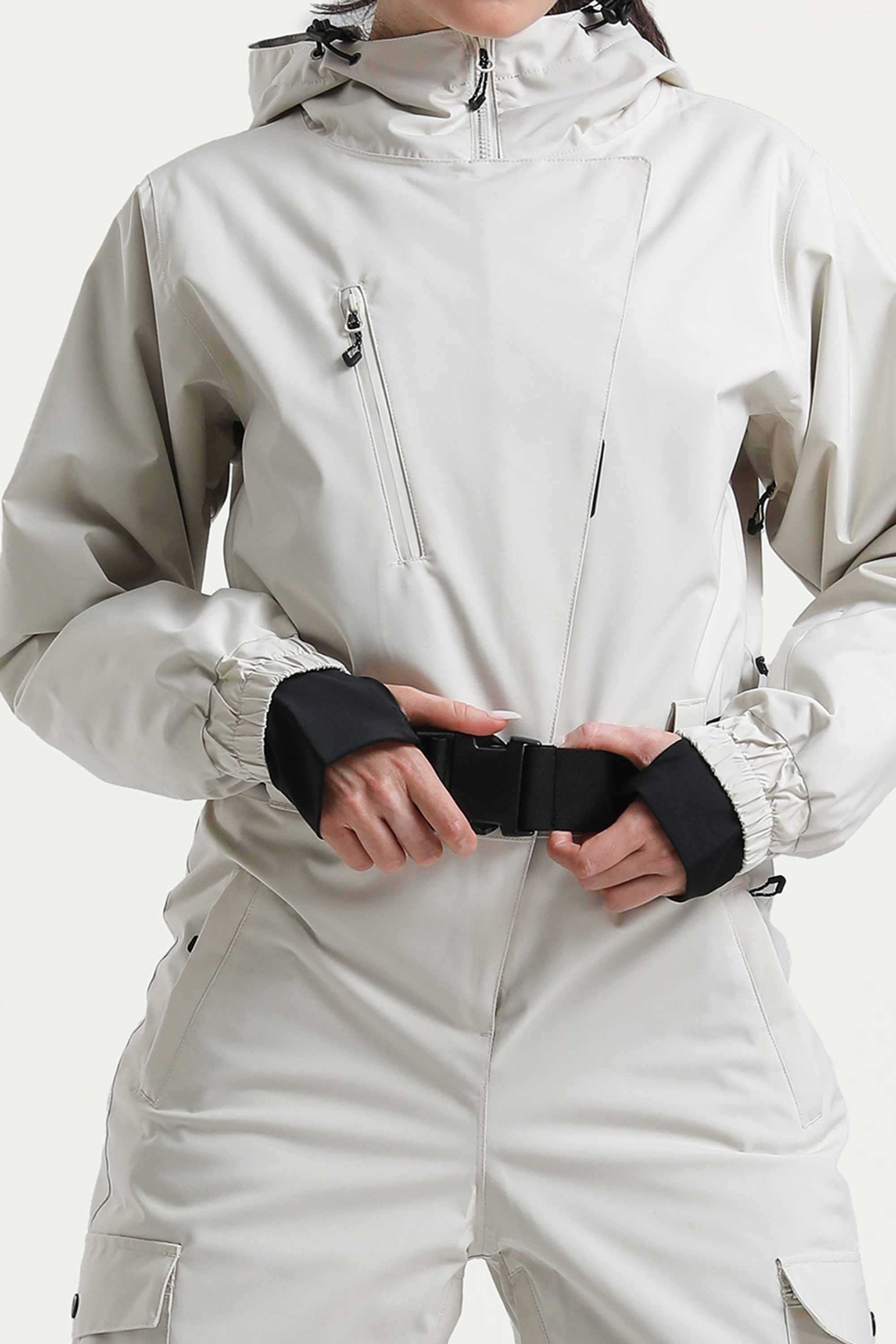 Women's Off White Insulated Waterproof Asymmetric Design Belted One-Piece Ski Suit
