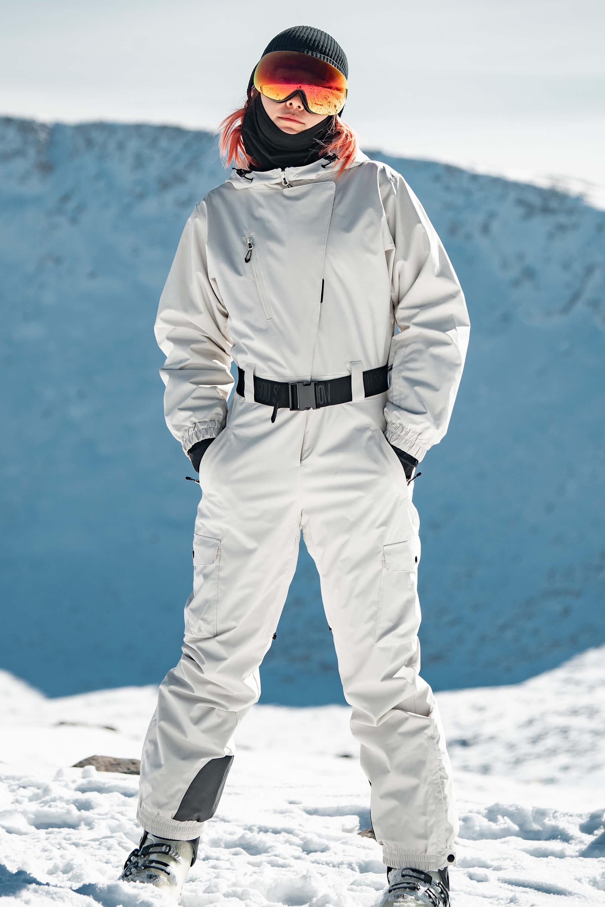 Women's Black Insulated Waterproof Asymmetric Design Belted One-Piece Ski Suit