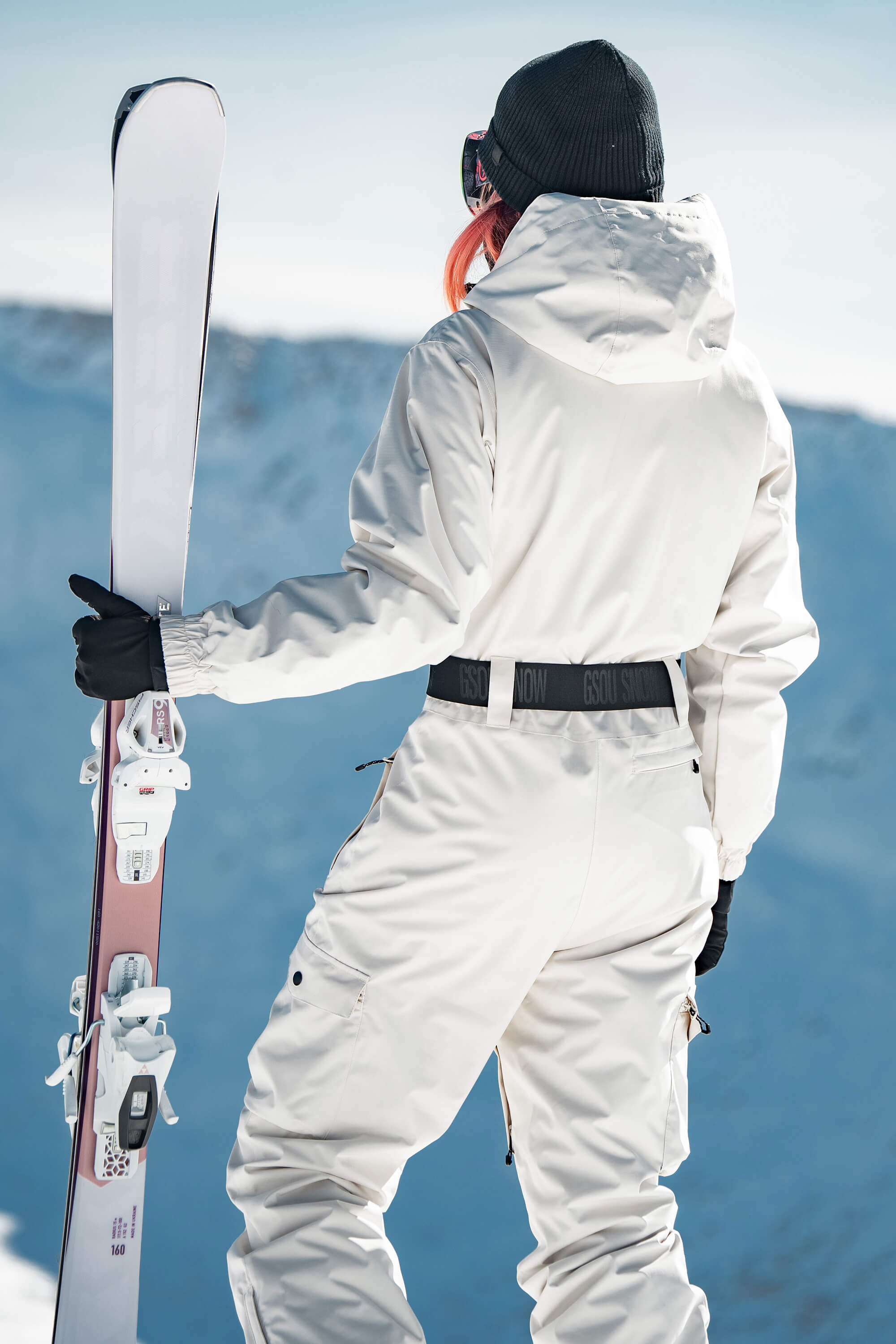 Women's Black Insulated Waterproof Asymmetric Design Belted One-Piece Ski Suit