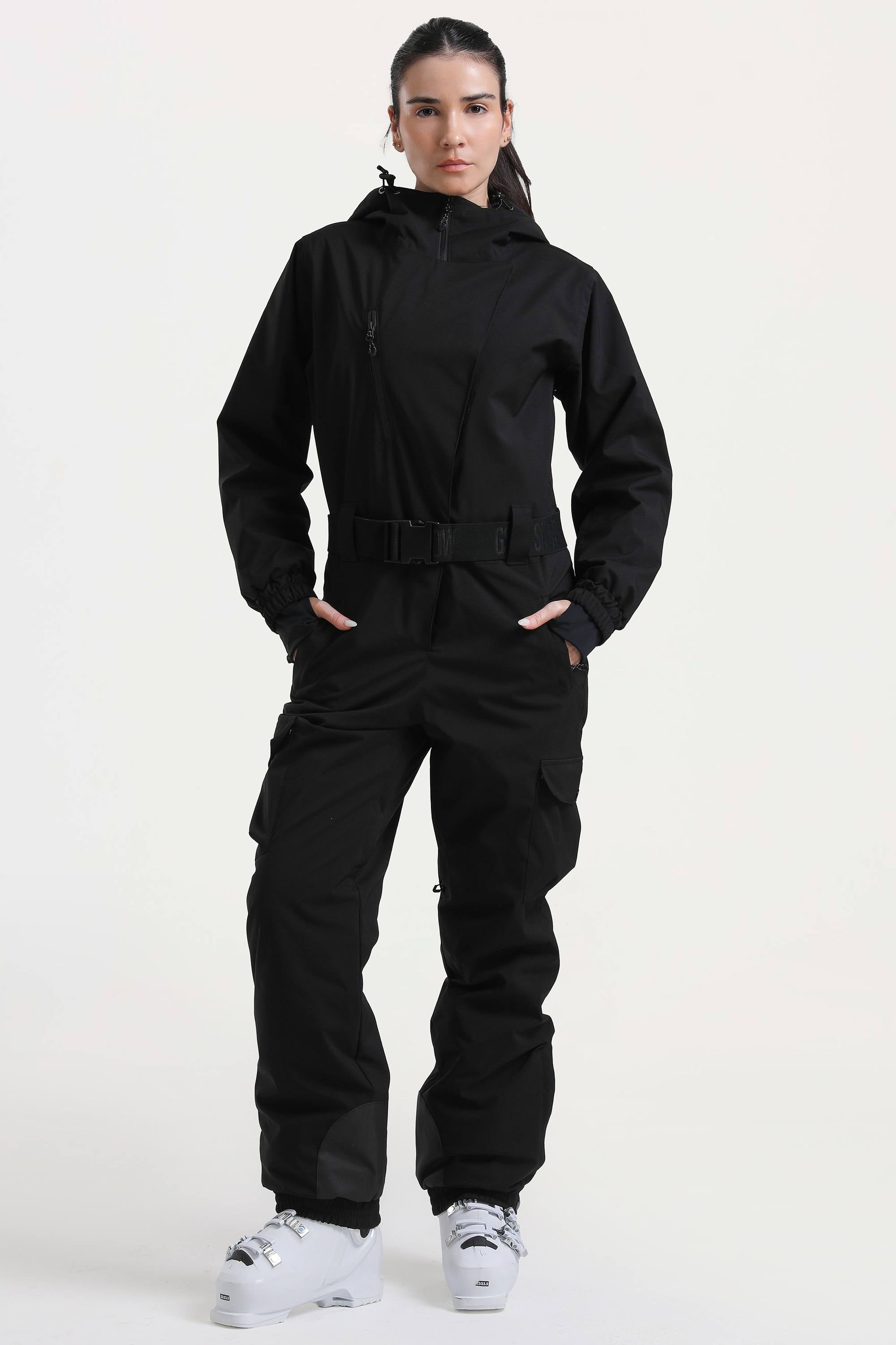 Women's Black Insulated Waterproof Asymmetric Design Belted One-Piece Ski Suit
