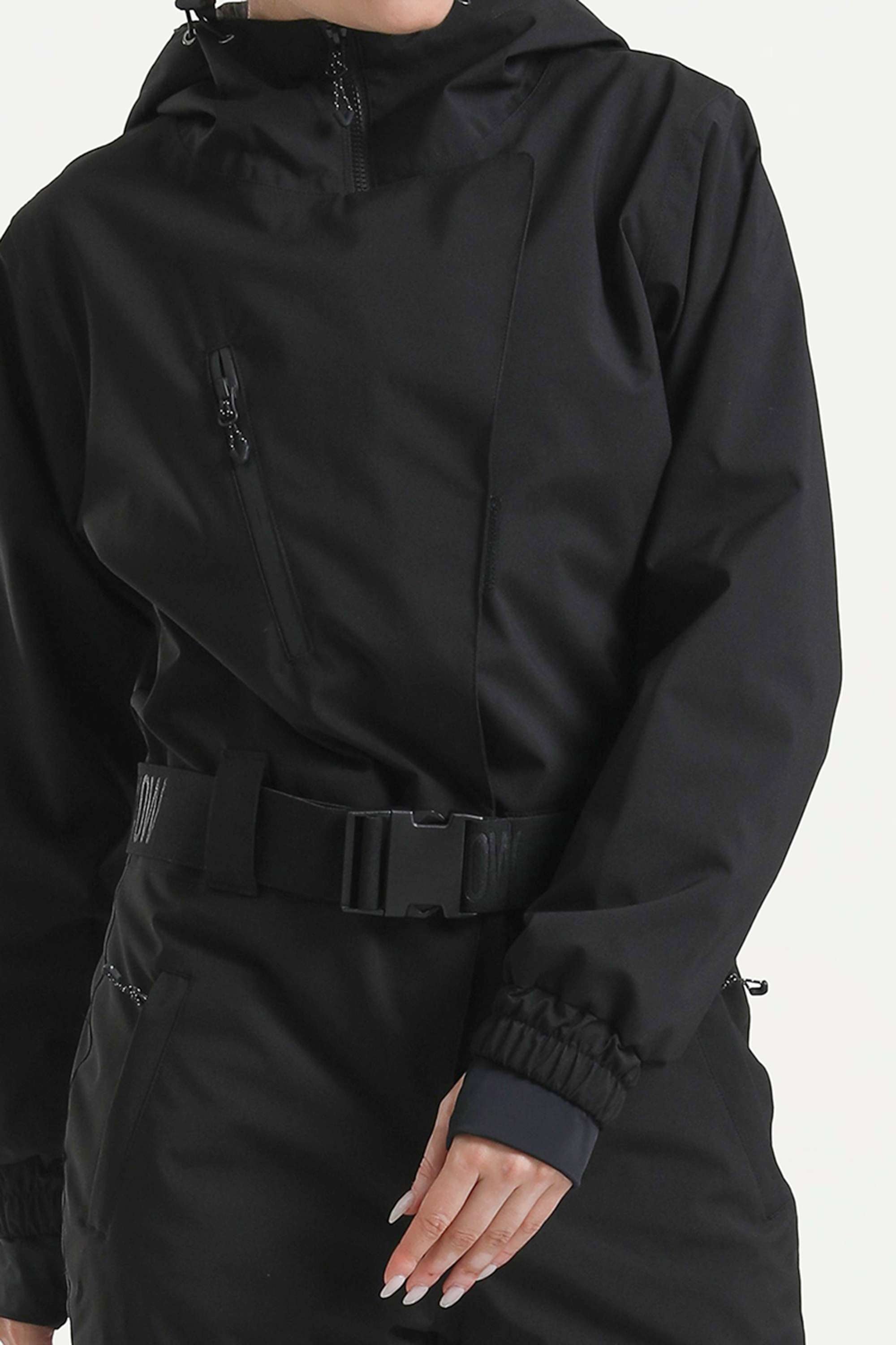 Women's Black Insulated Waterproof Asymmetric Design Belted One-Piece Ski Suit